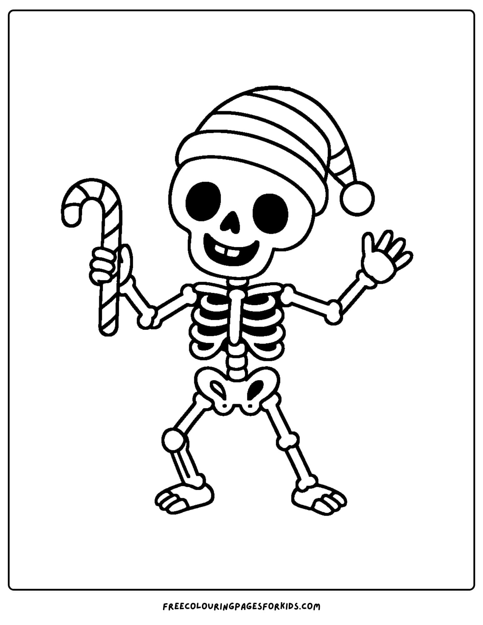 a coloring page of a skeleton with a santa hat and holding a candy cane