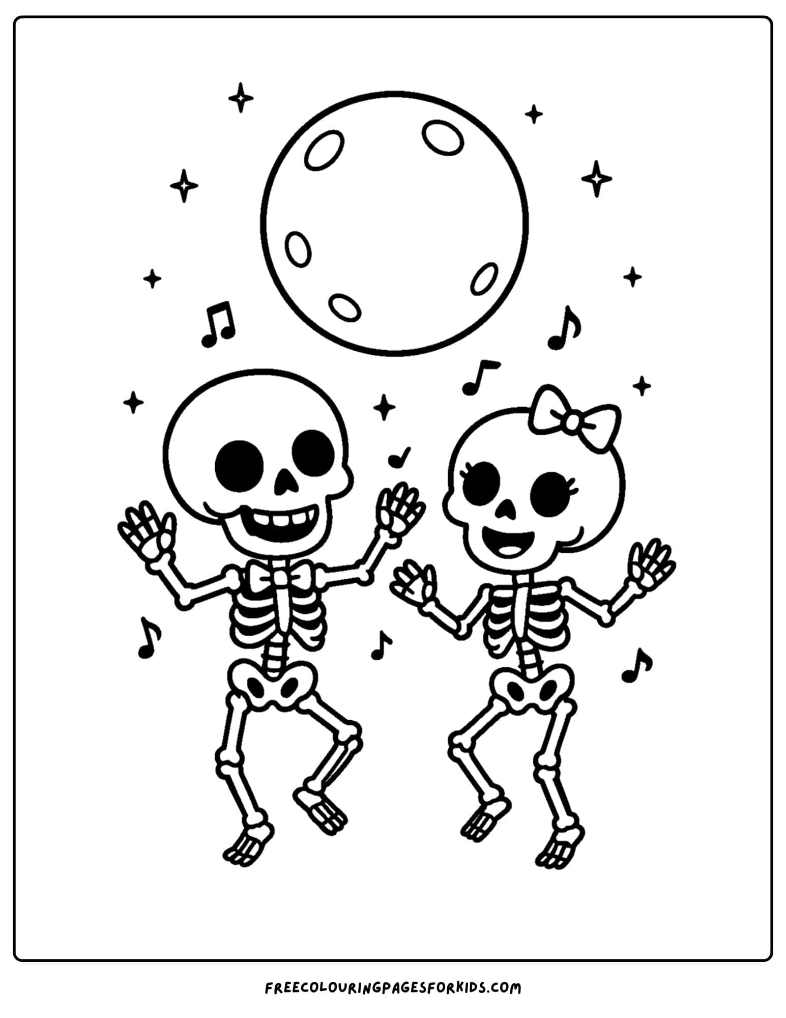 a coloring page of skeletons dancing under the moon light
