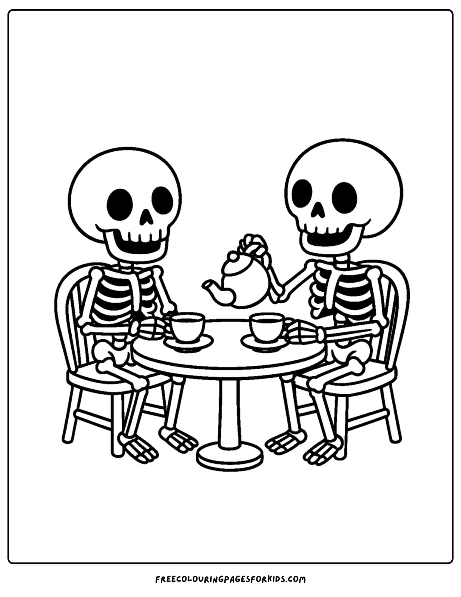 a coloring page of skeletons having a tea party