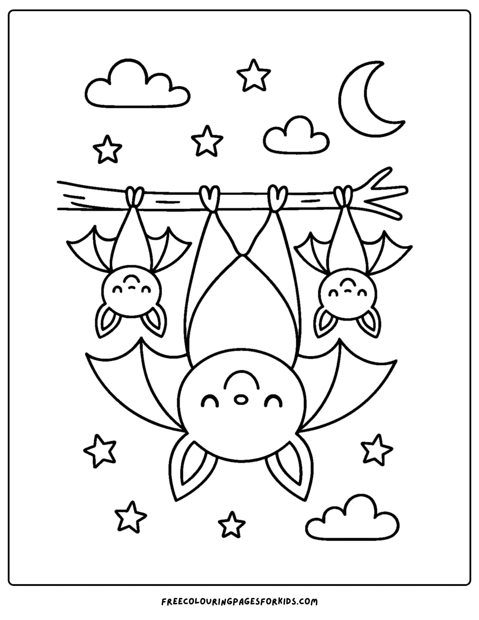 a spooky bat hanging upside down coloring page