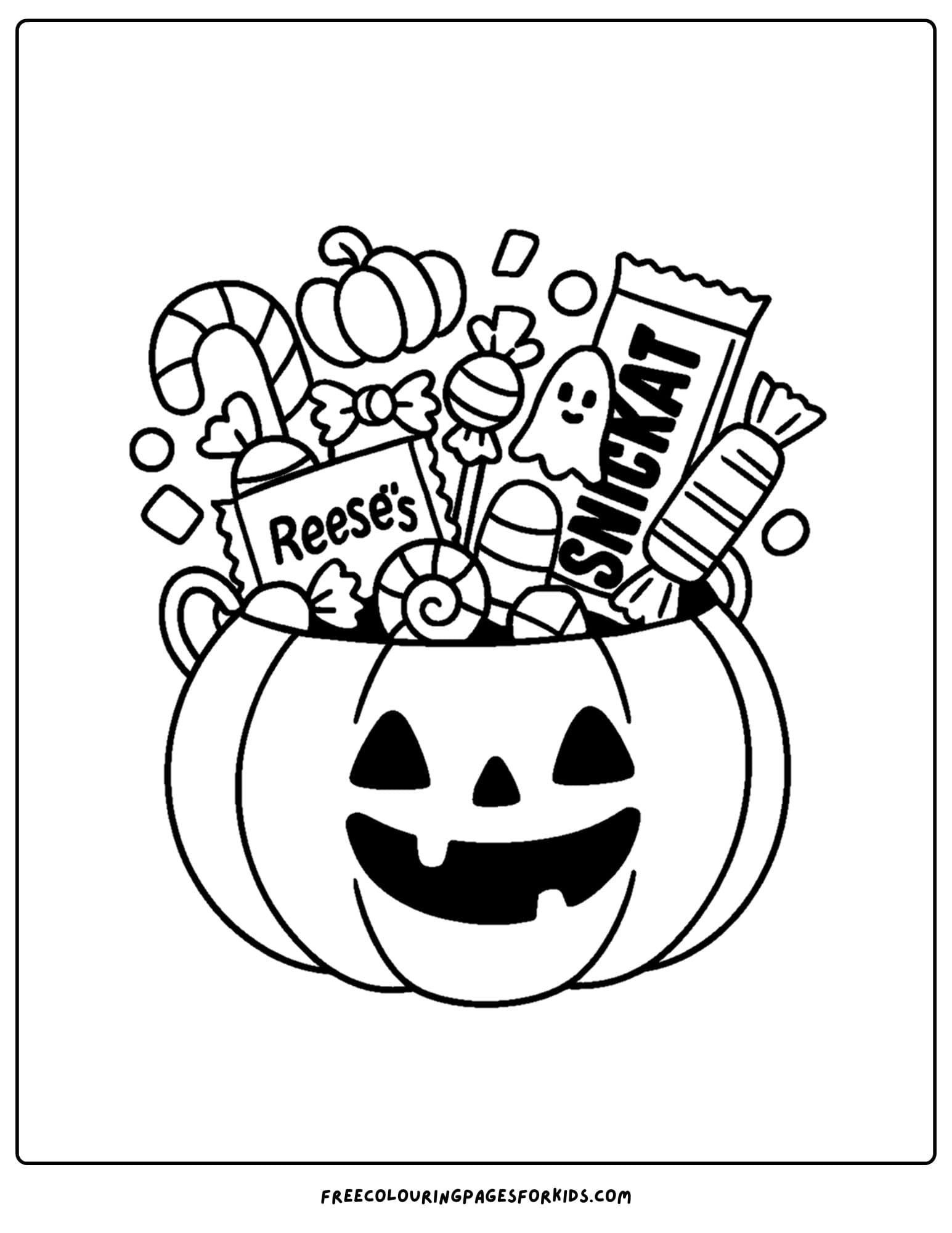a spooky pumpkin full of halloween candy coloring page