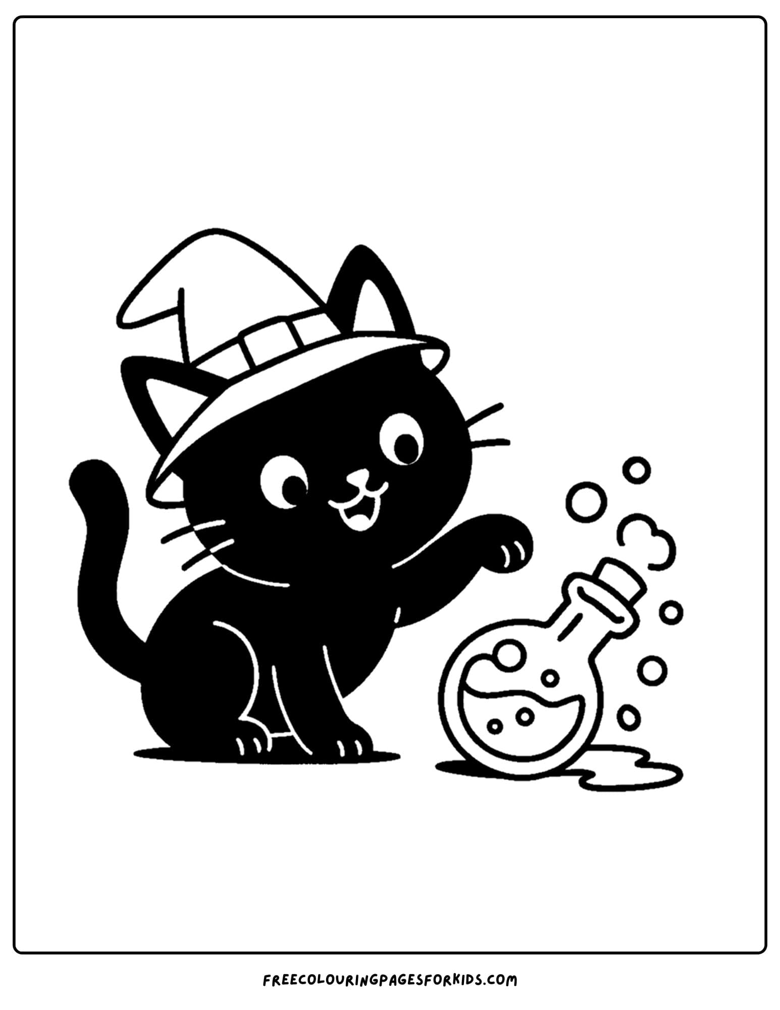 a spooky cat knowing over a potion coloring page