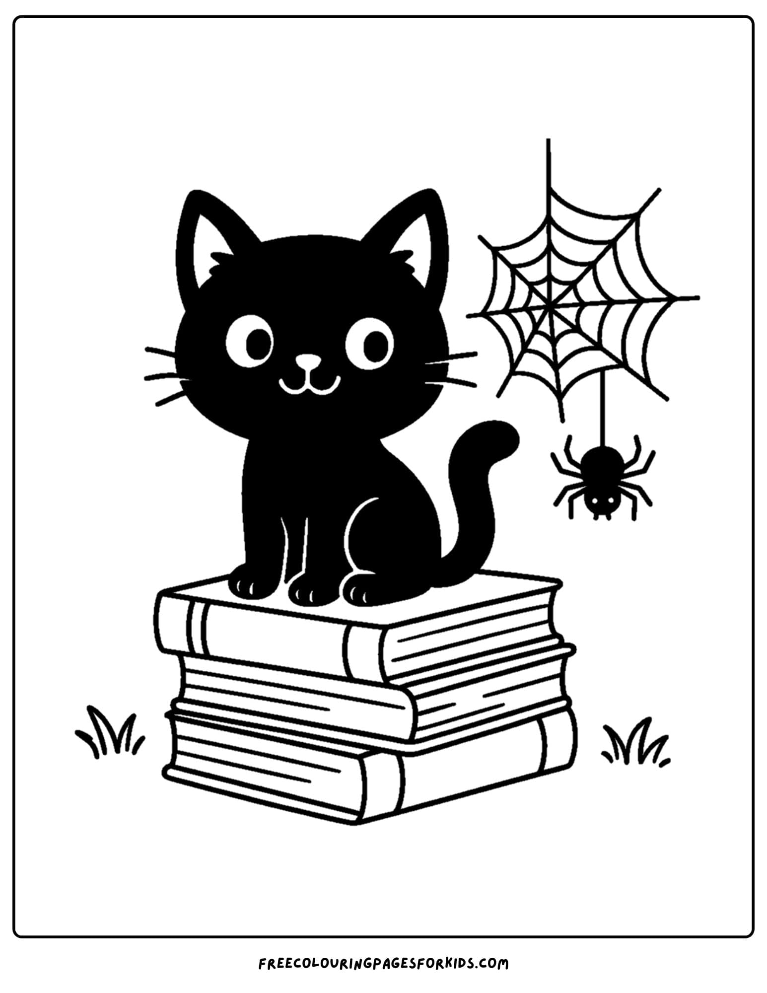 a spooky cat sitting on books coloring page