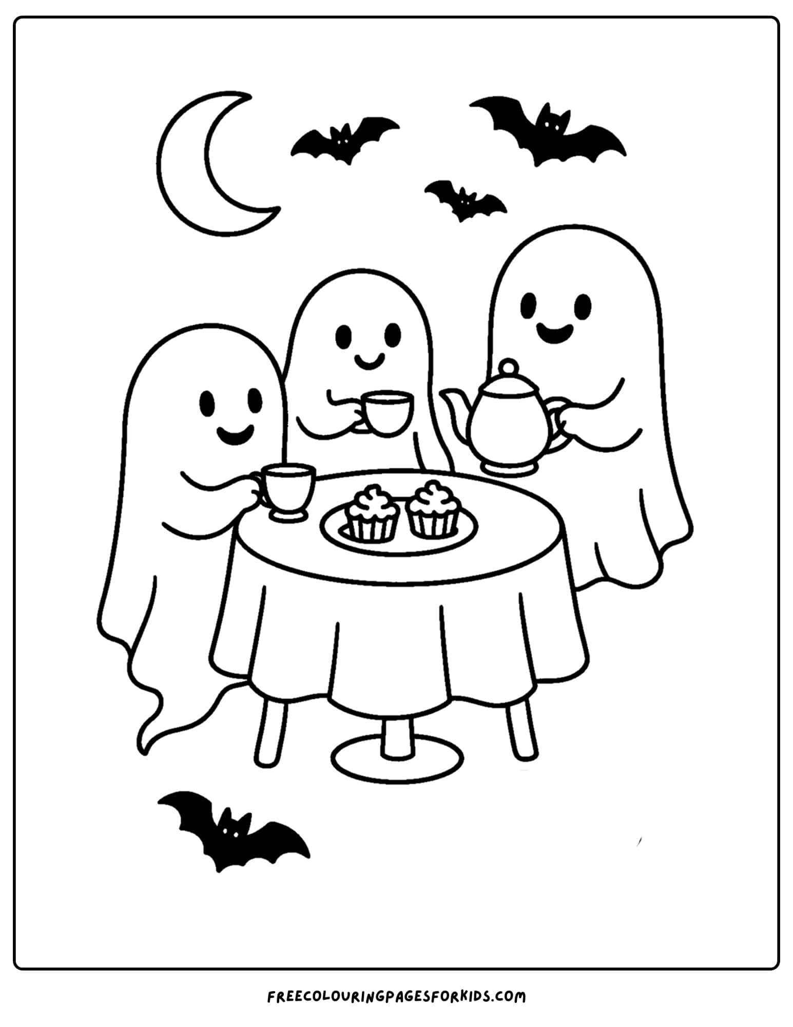 spooky ghosts having a tea party coloring page