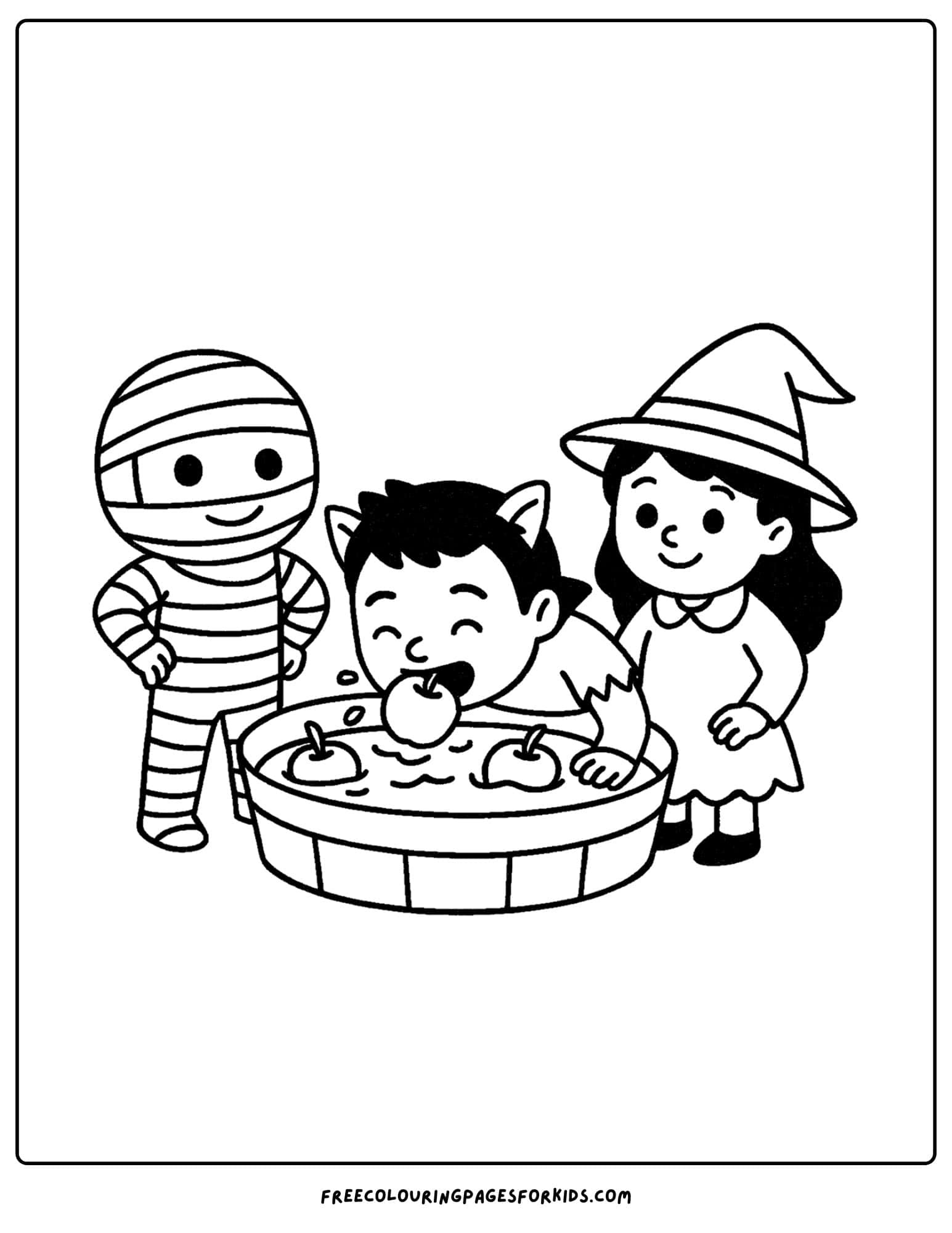 spooky kids bobbing for apples coloring page