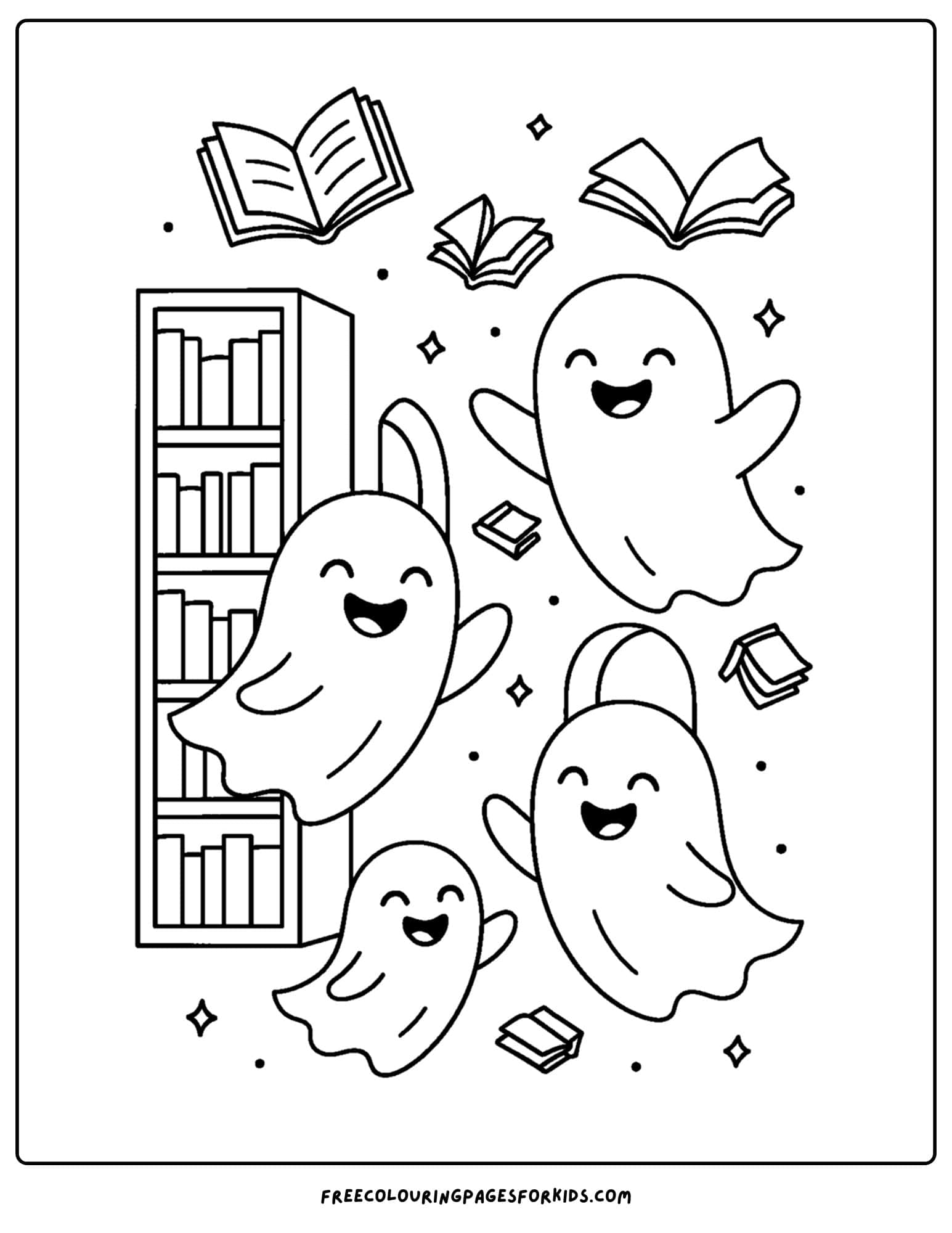 a spooky library with ghosts coloring page