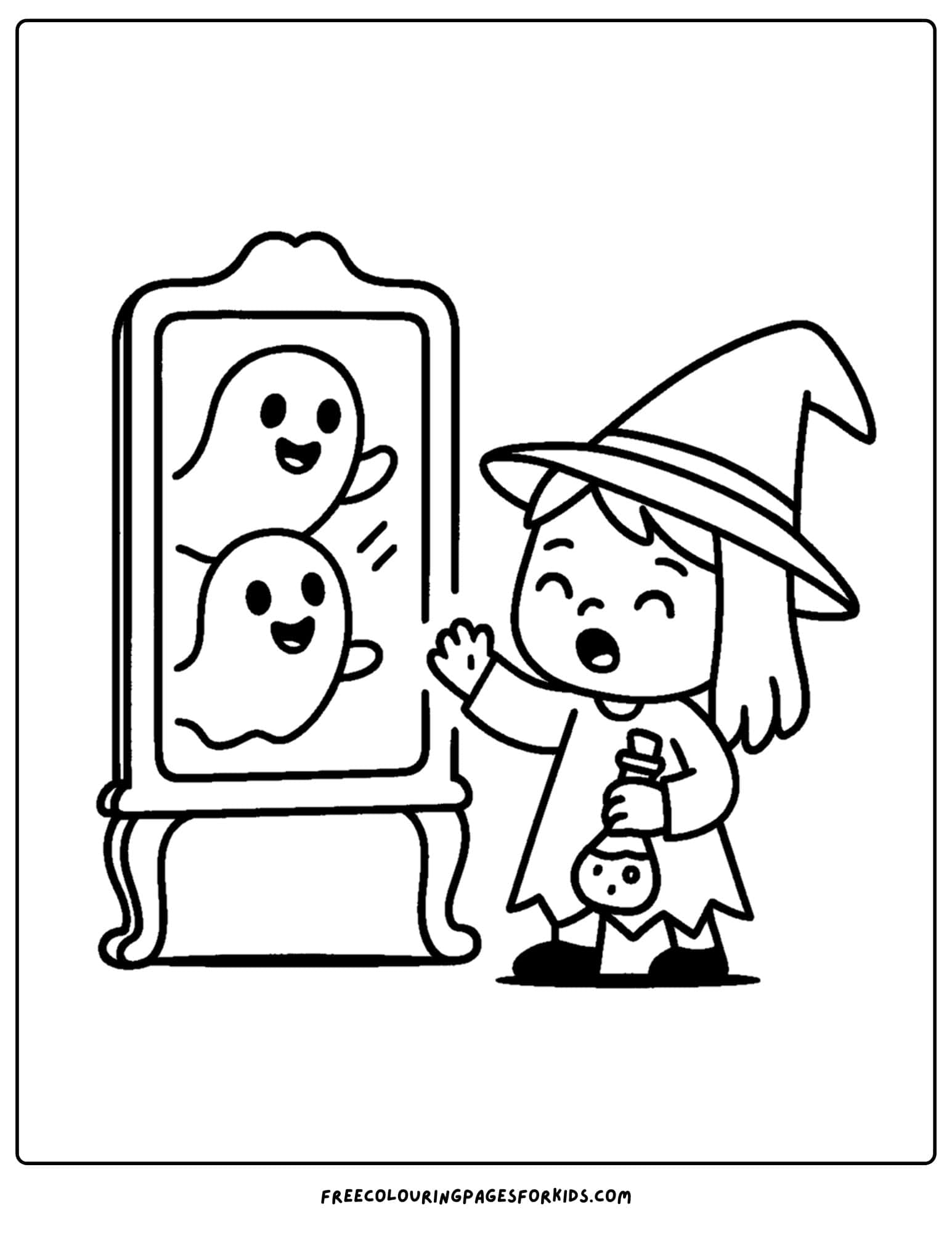 a spooky mirror with ghost reflections coloring page