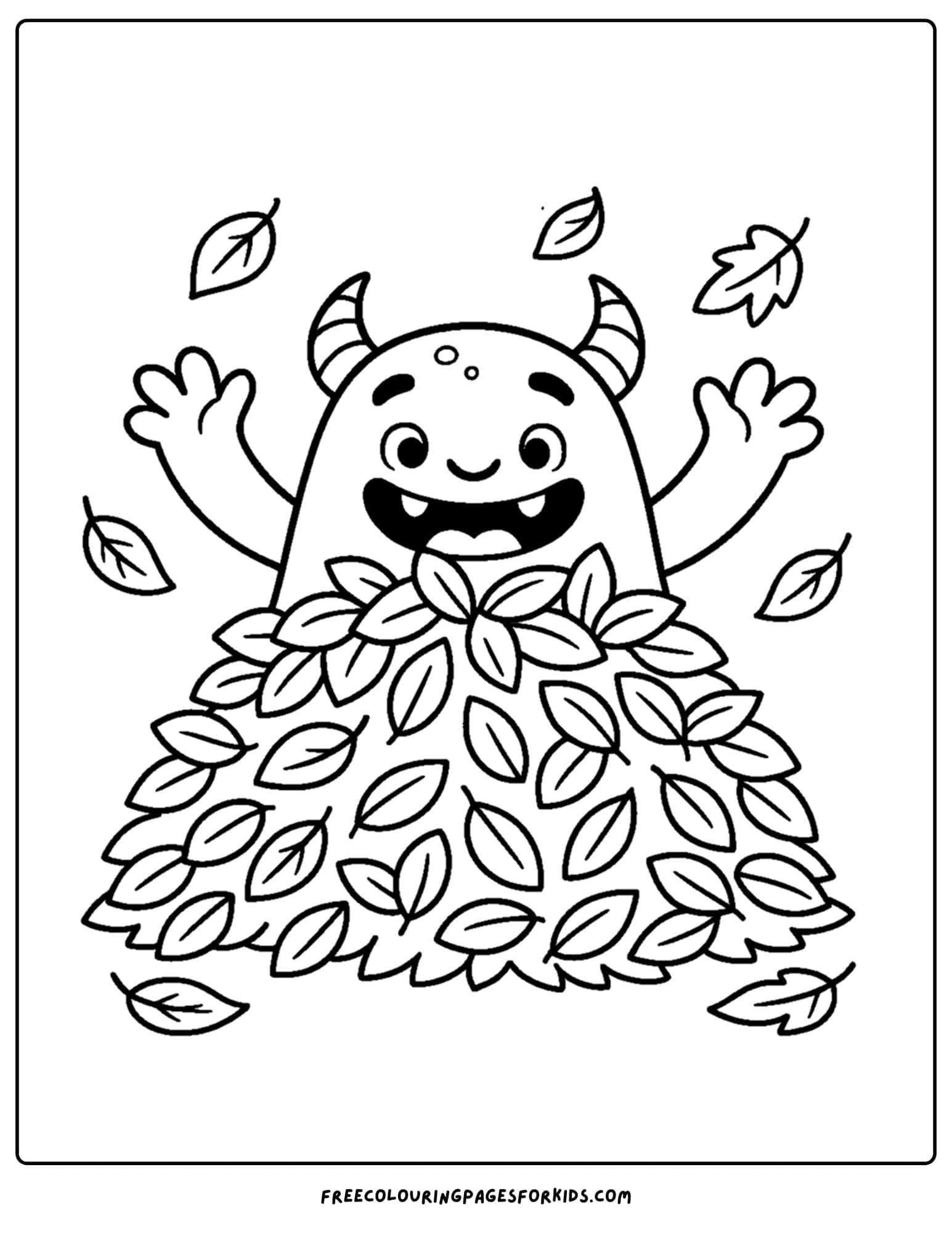 a spooky monster playing in a pile of leaves coloring page