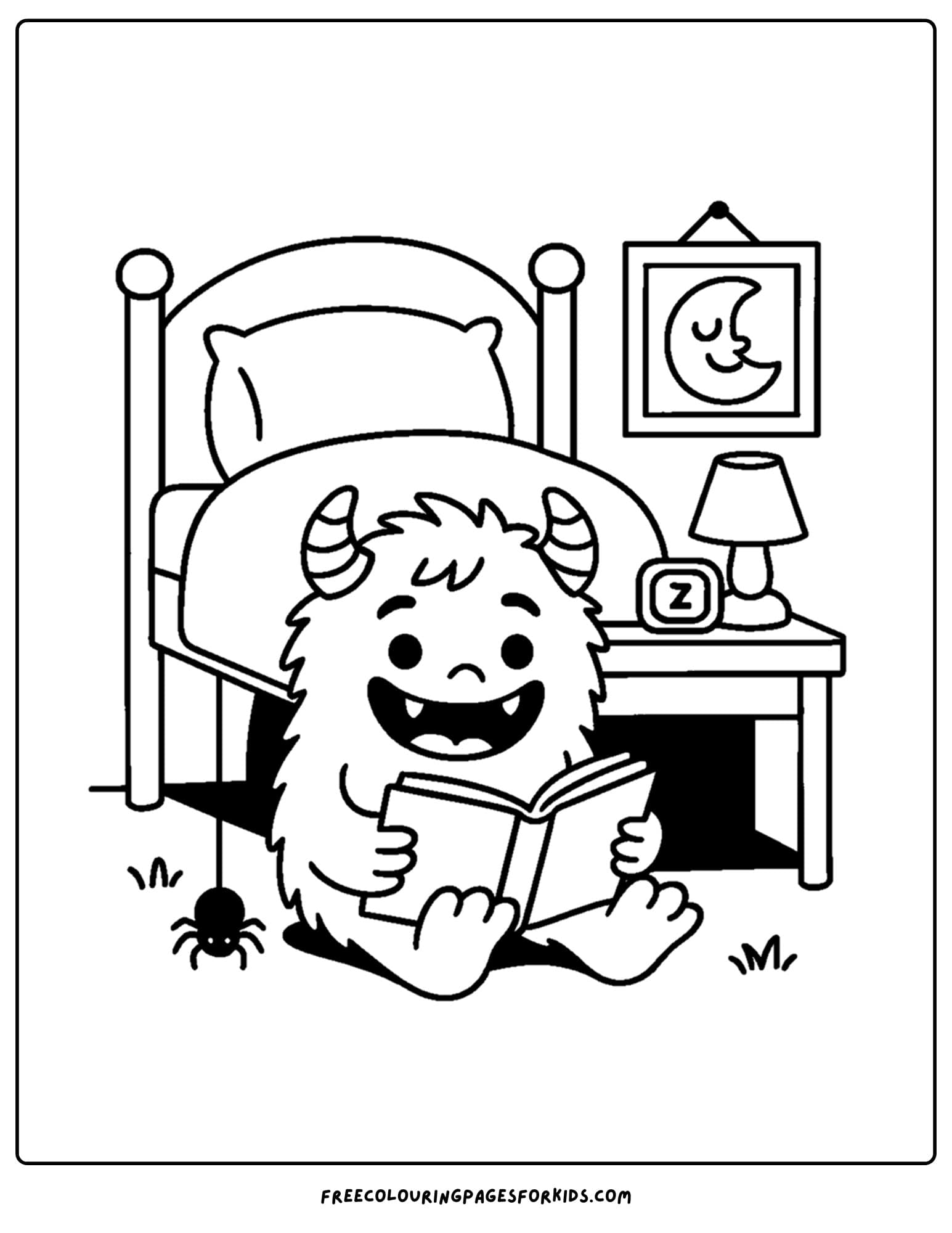 a spooky monster reading a book coloring page