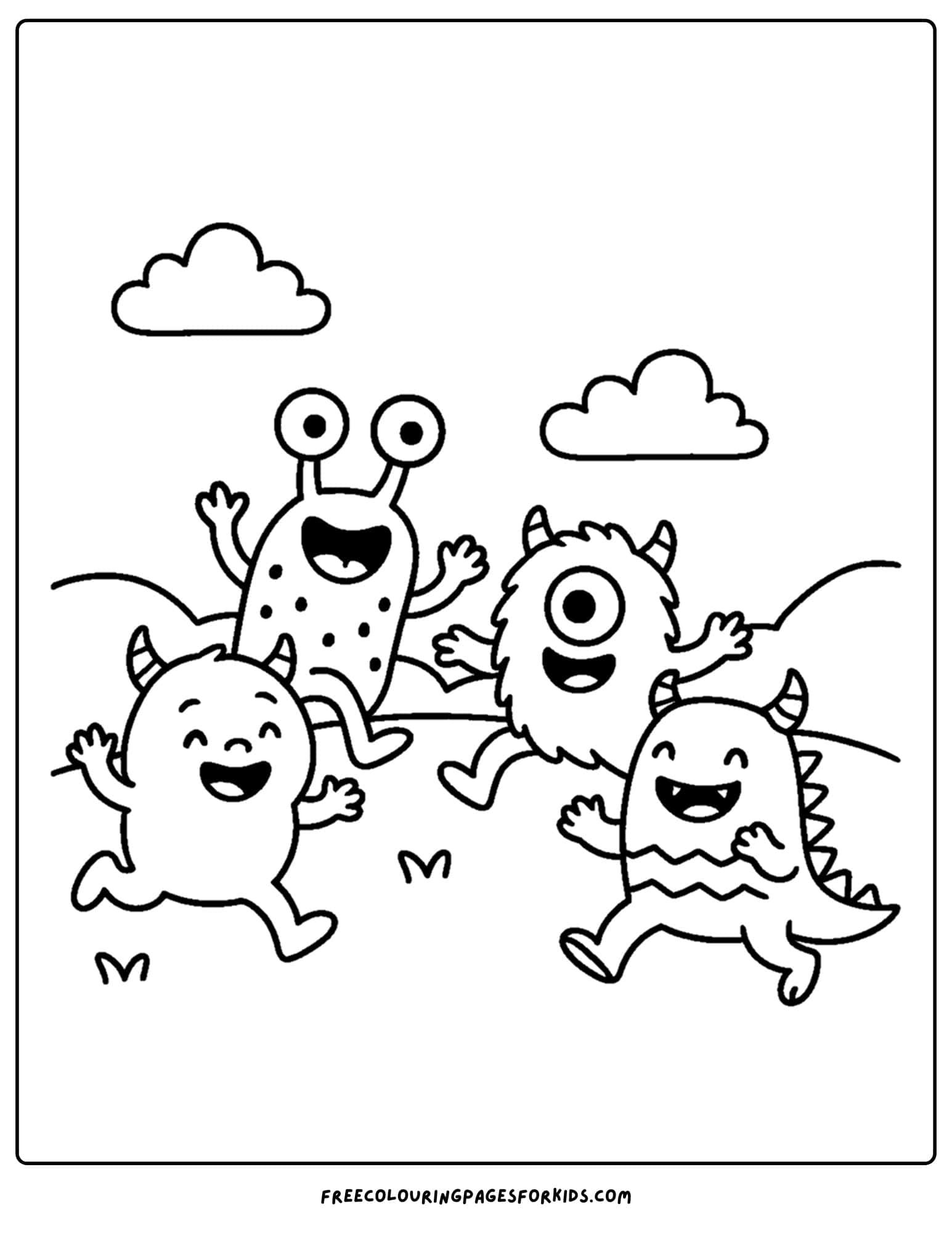 spooky monsters playing tag coloring page