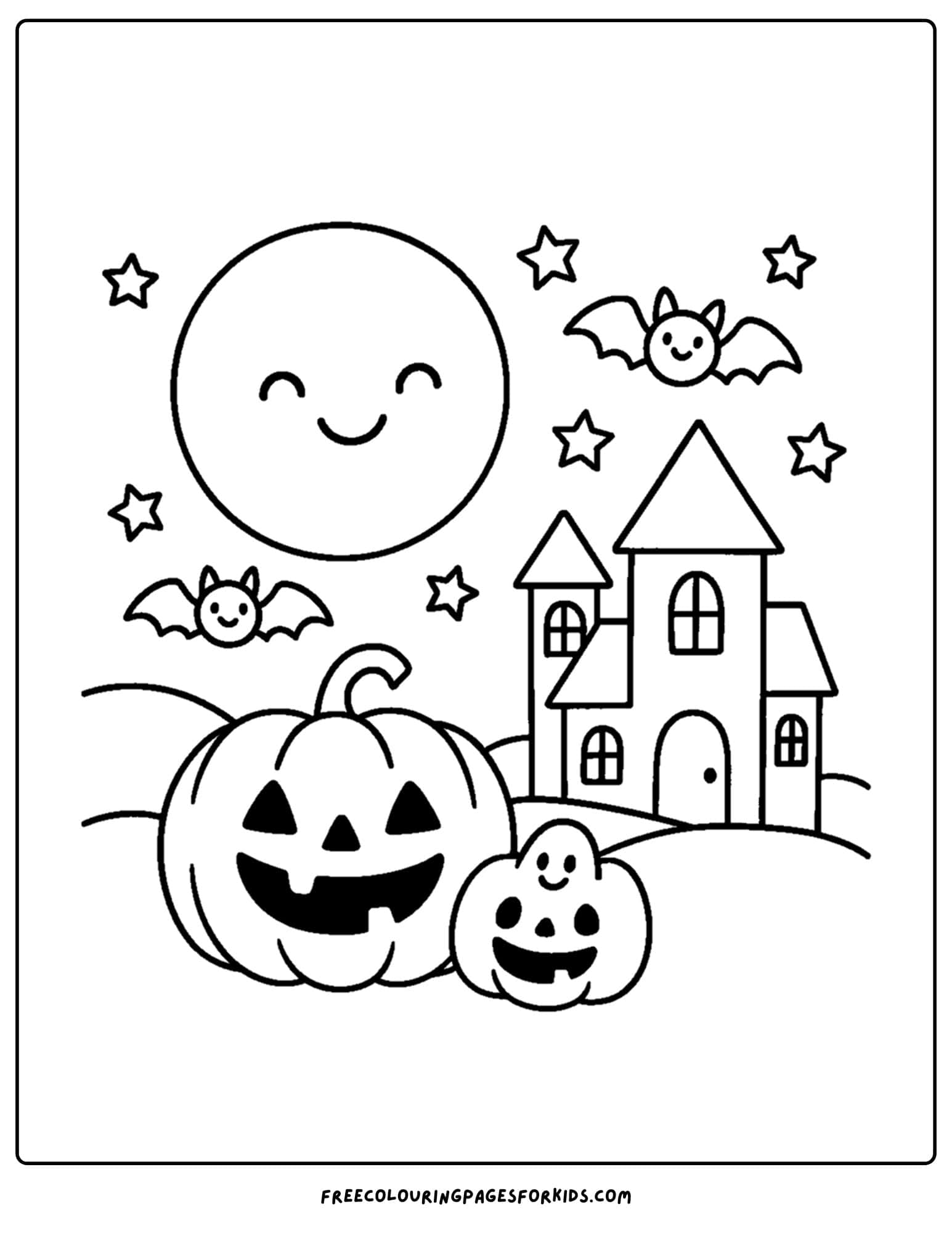 a spooky moon watching a halloween night coloring page