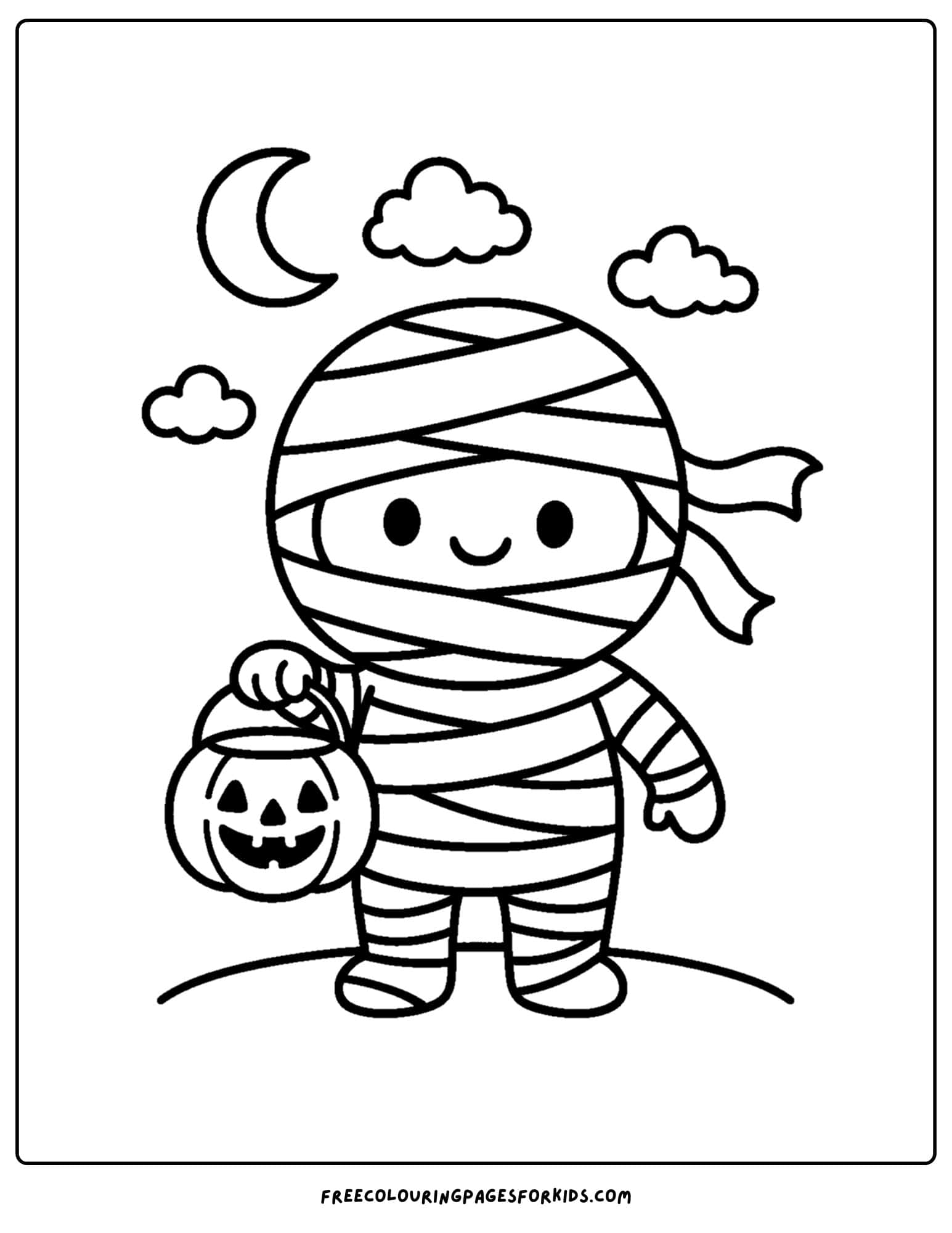 a spooky mummy with a candy bucket coloring page
