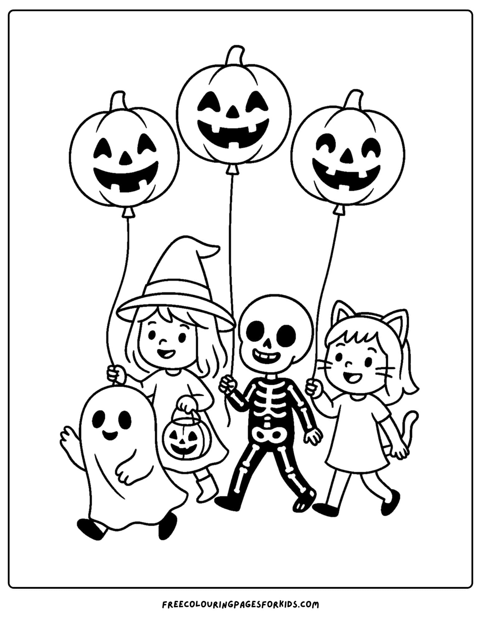 a spooky parade wof kids with pumpkin balloons coloring page