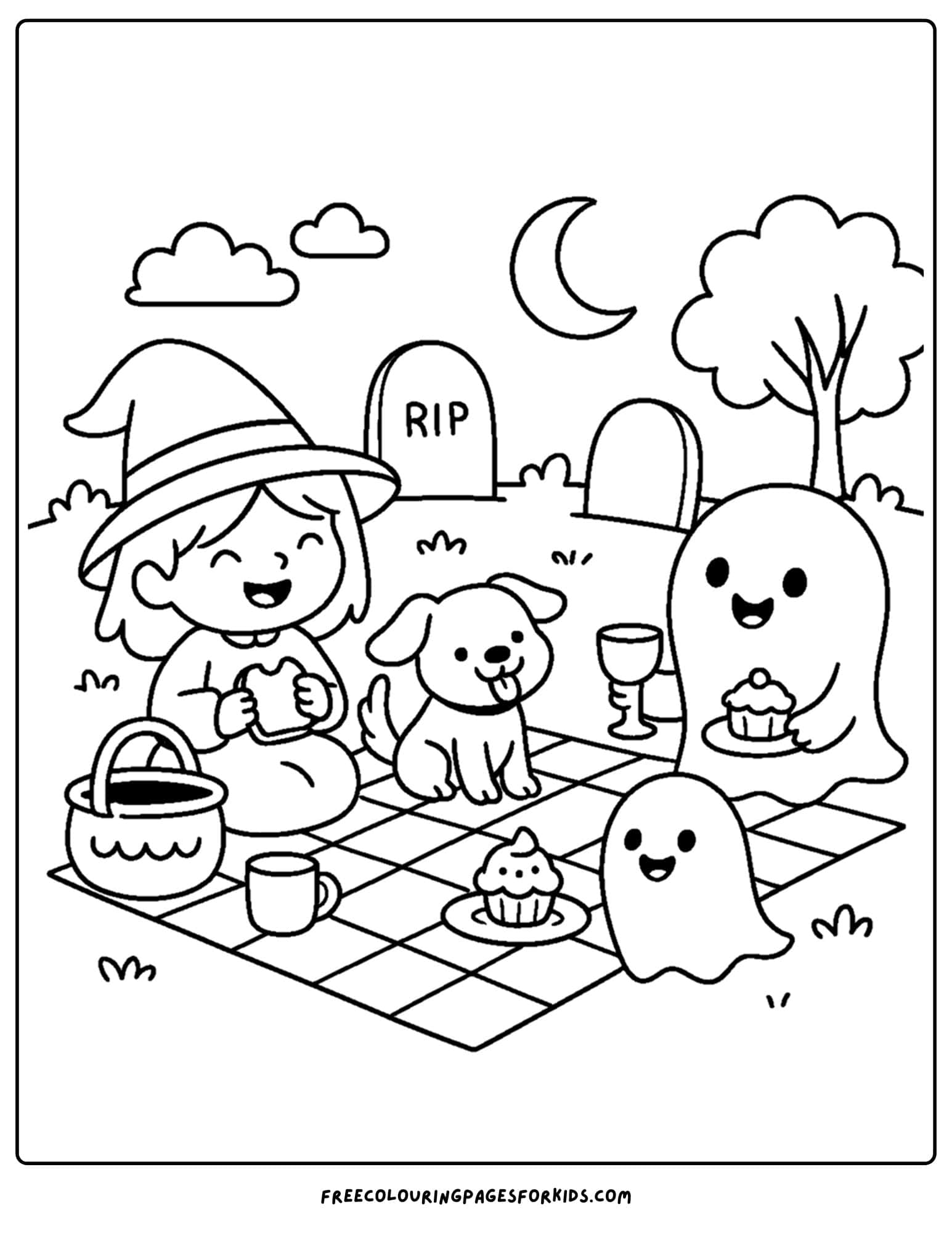 a spooky picnic in a graveyard coloring page