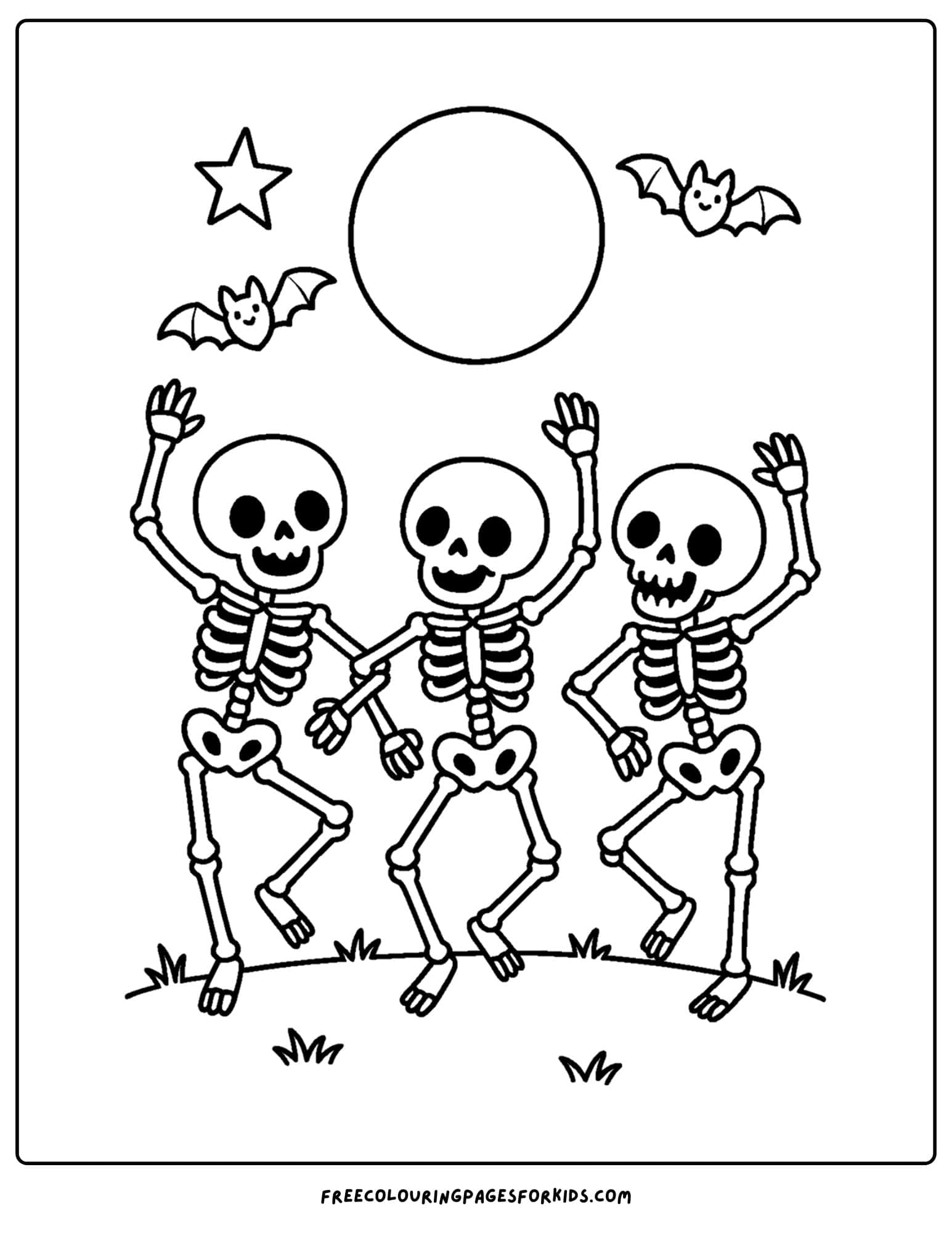 a spooky scenee of skeletons dancing coloring page