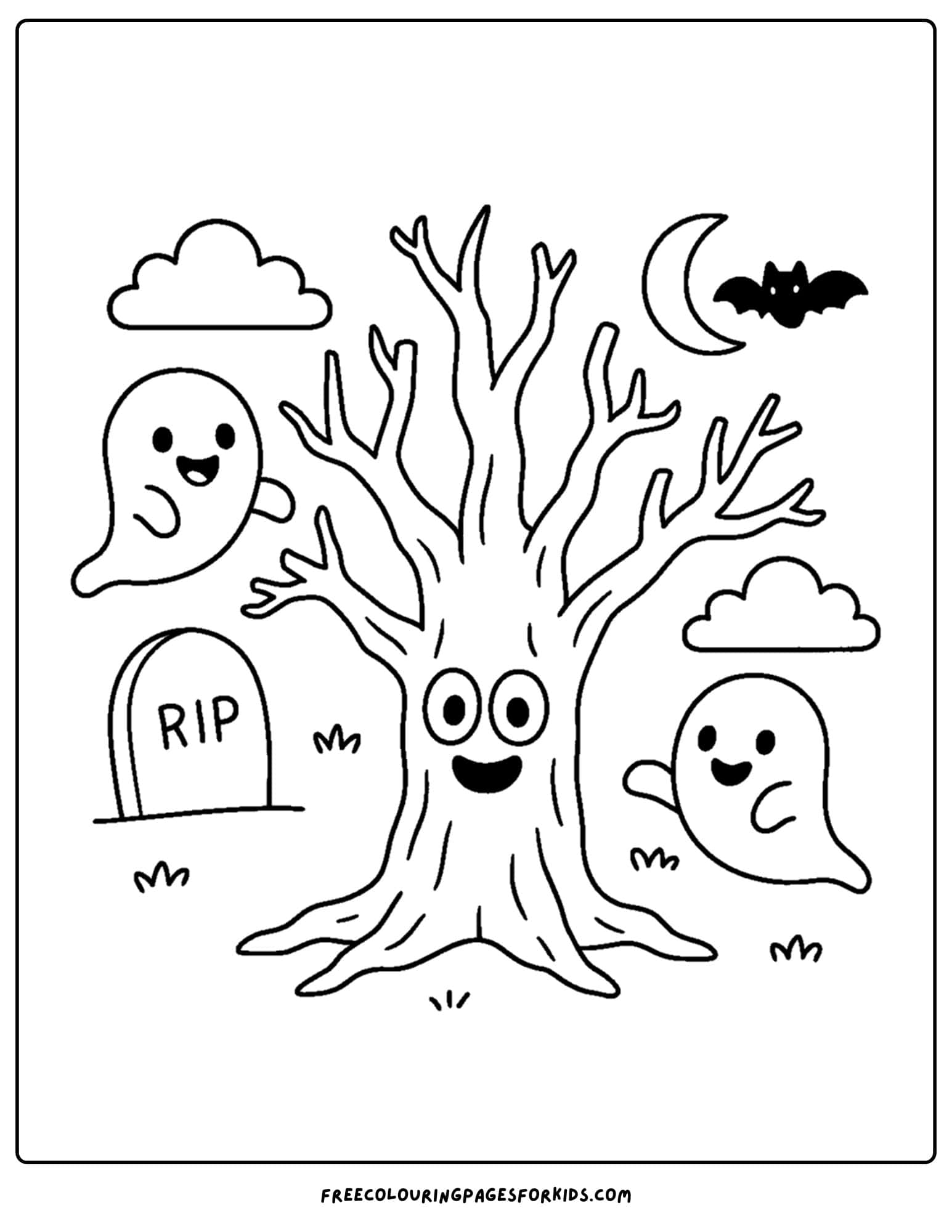 a spooky tree with googy eyes coloring page