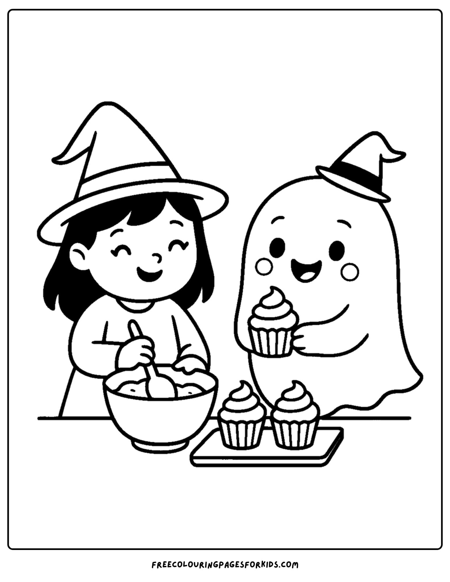 a spooky witch and a ghost baking cupcakes coloring page