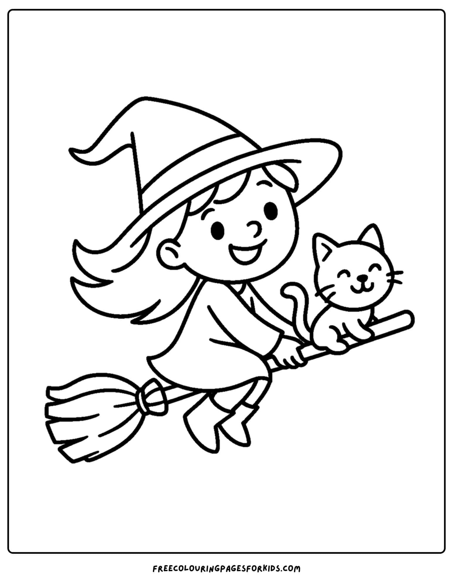 a spooky witch riding a broom with her cat coloring page