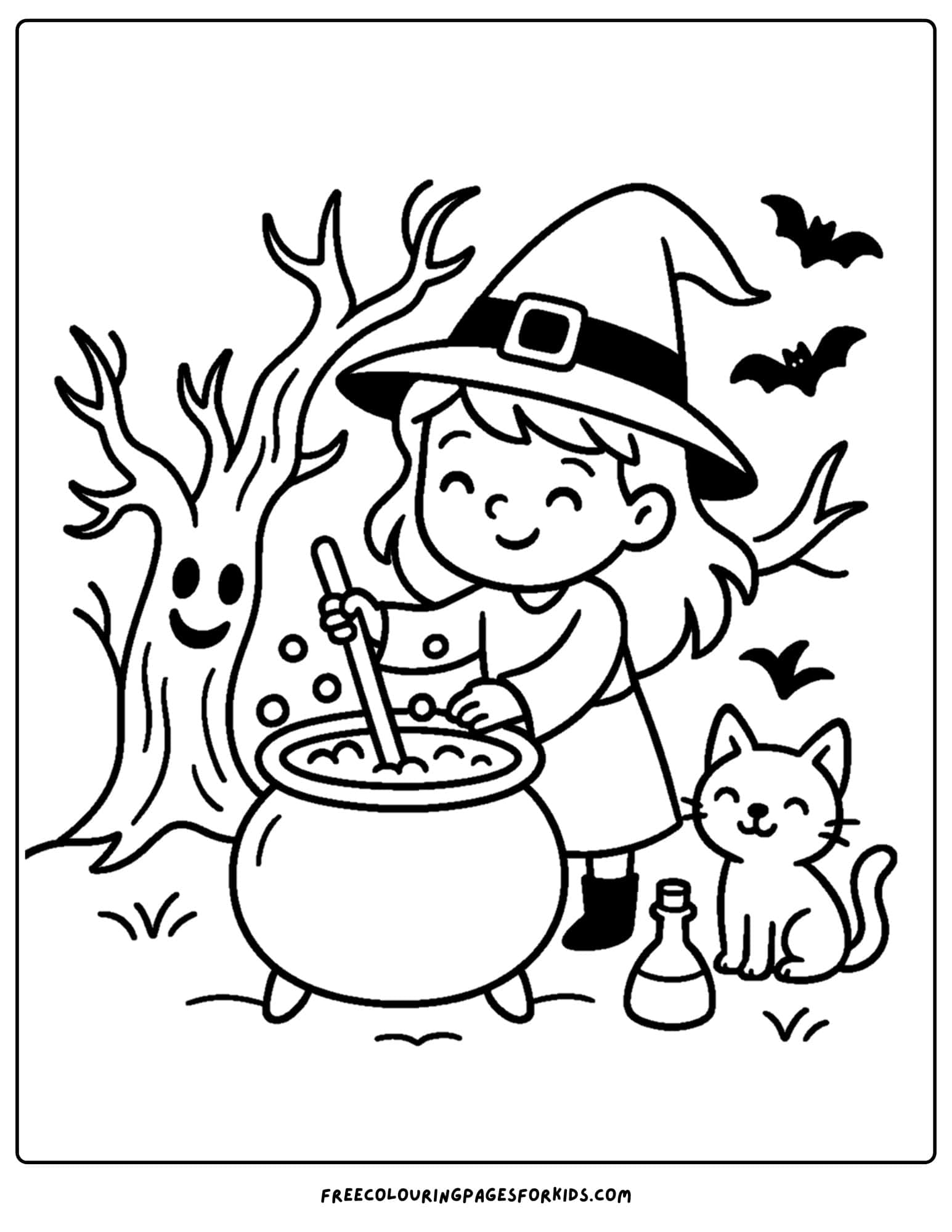 a spooky witch stirring a cauldron coloring page