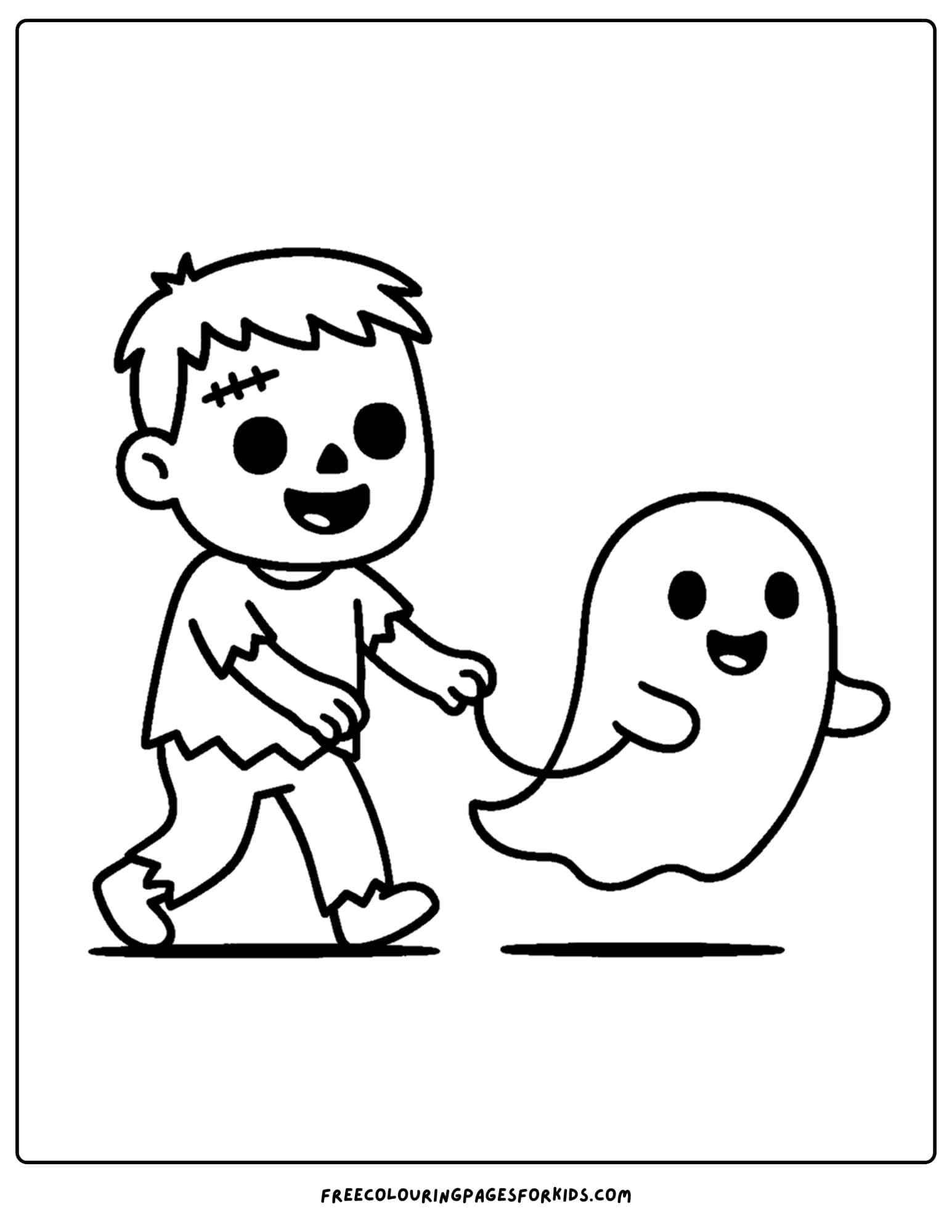 a spooky zombie walking a pet coloring page