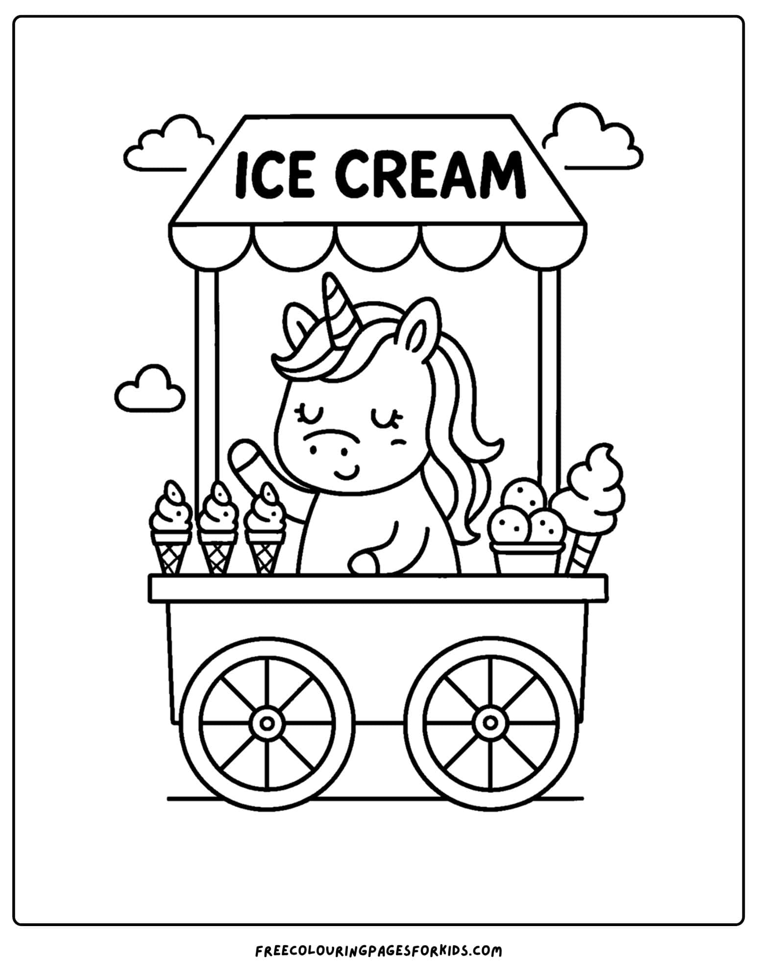 a coloring page of a unicorn selling ice cream