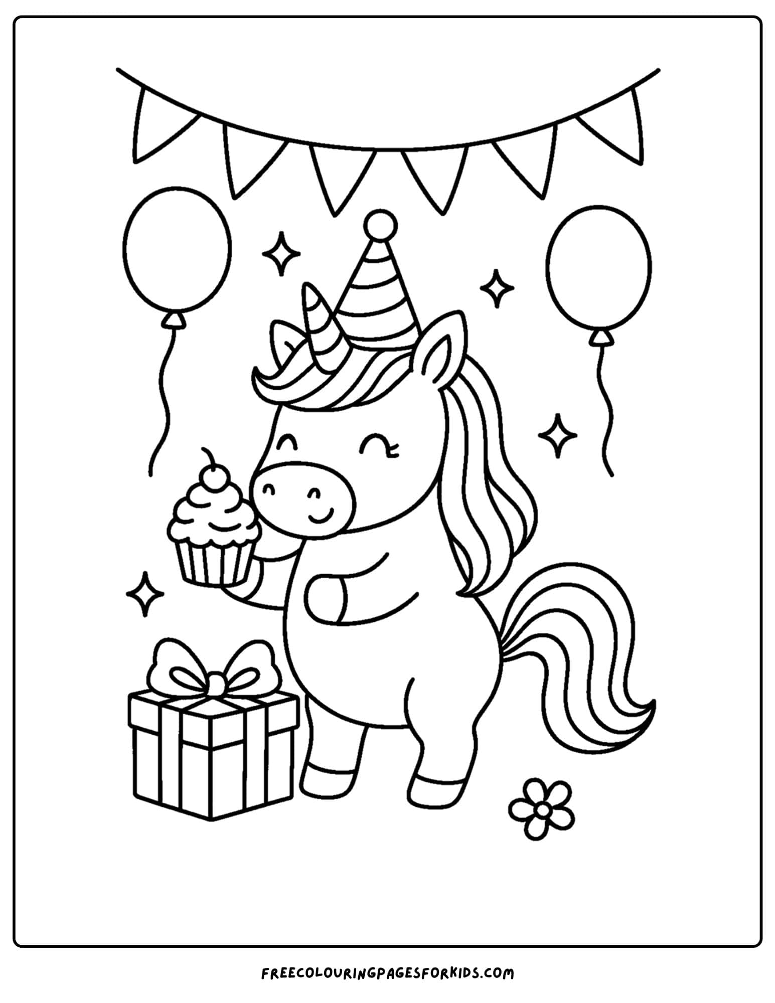 a coloring page of a unicorn at a birthday party