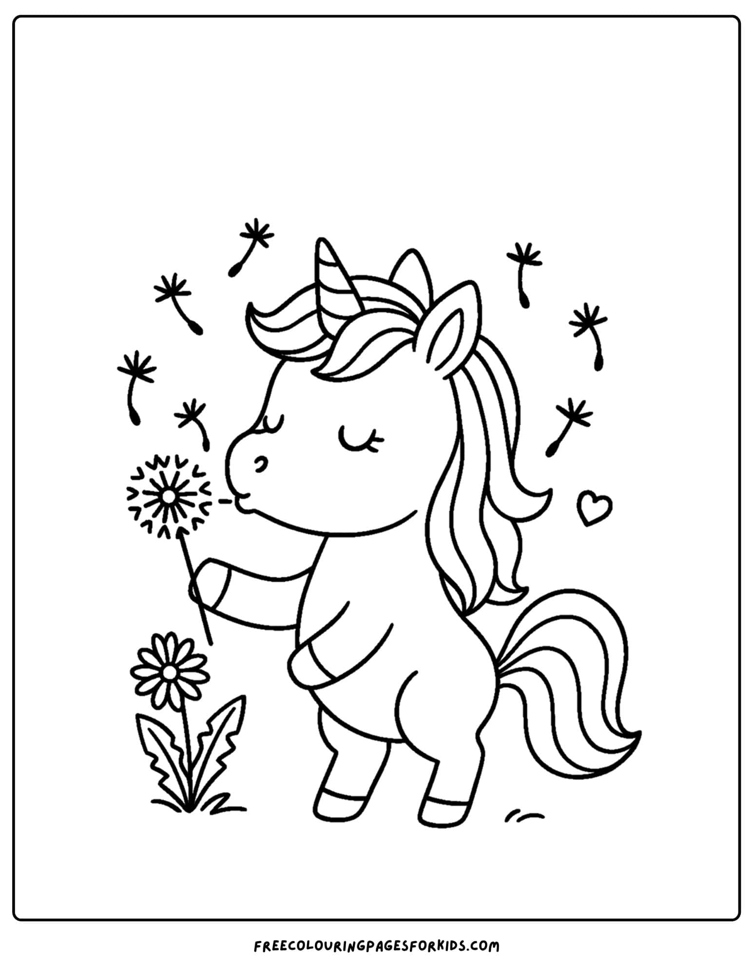 a coloring page of a unicorn blowing dandelions