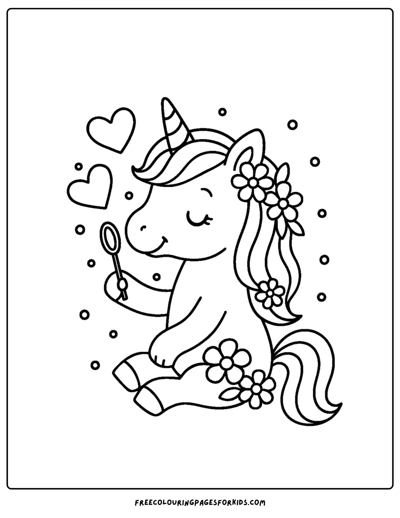 a coloring page of a unicorn blowing heart bubbles