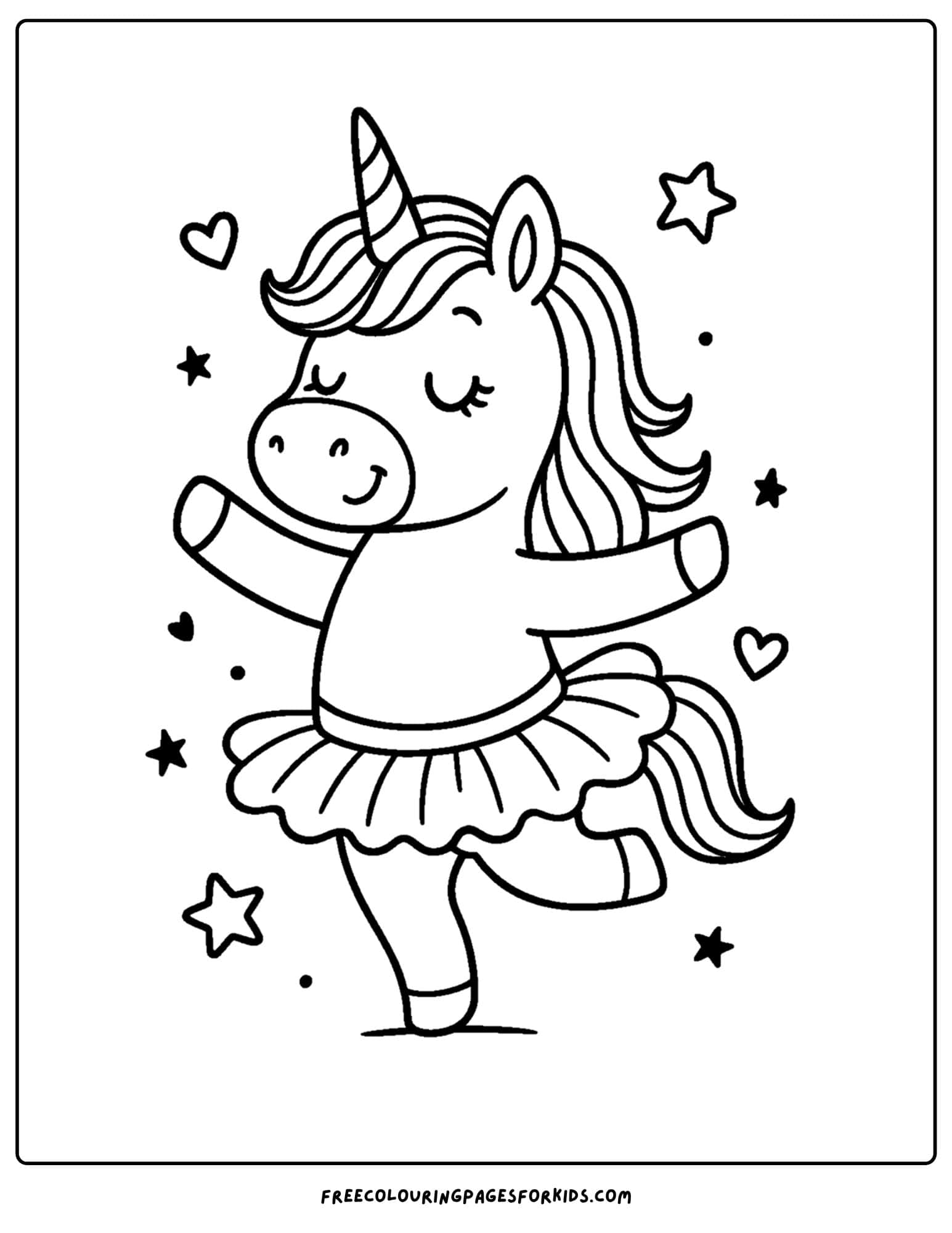 a coloring page of a unicorn dancing in a tutu