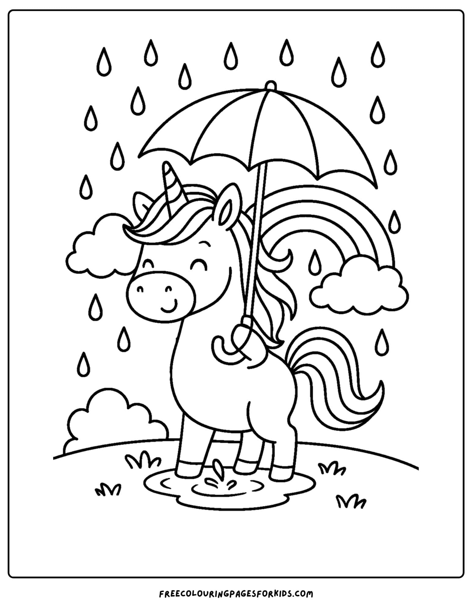 a coloring page of a unicorn holding an umbrella in the rain