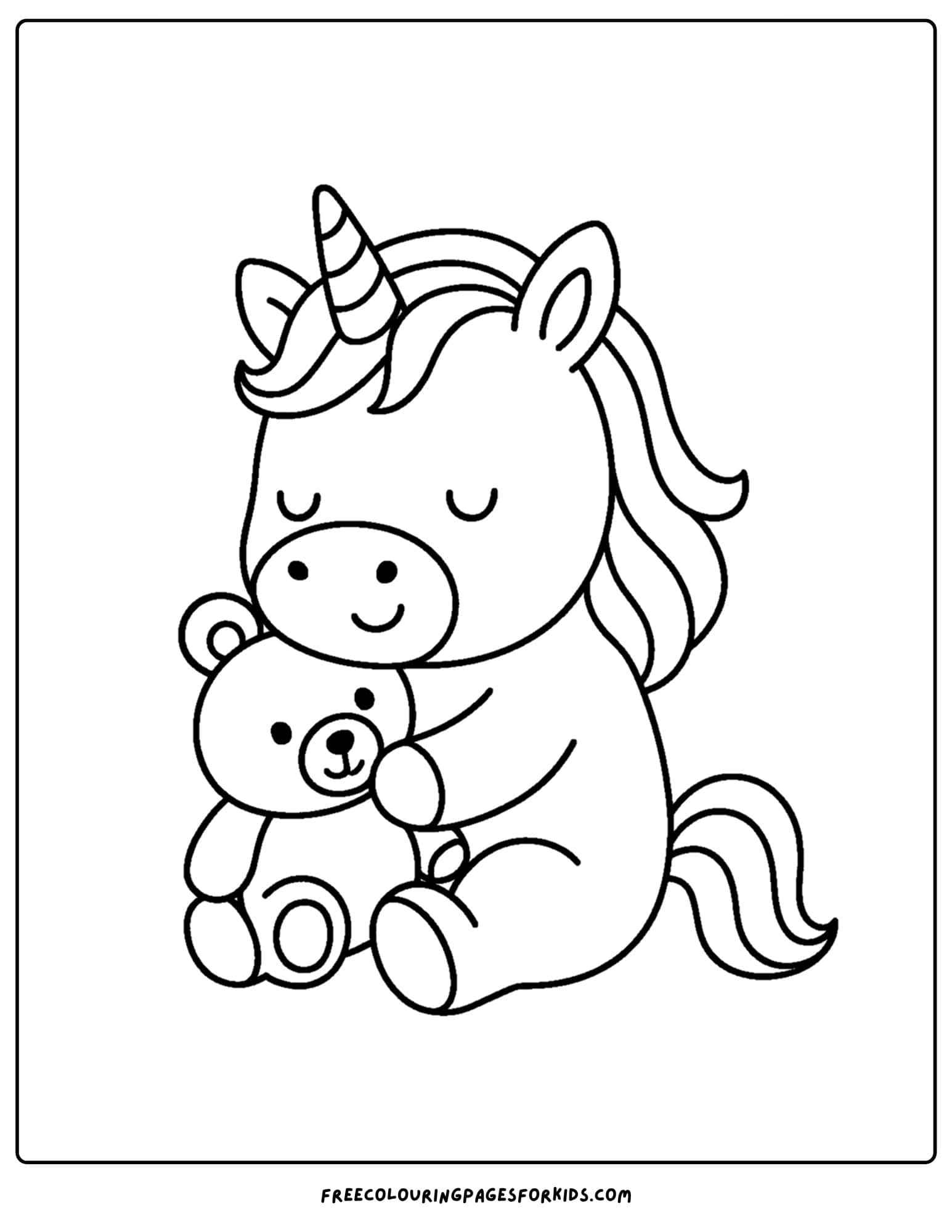 a coloring page of a unicorn holding a teddy bear