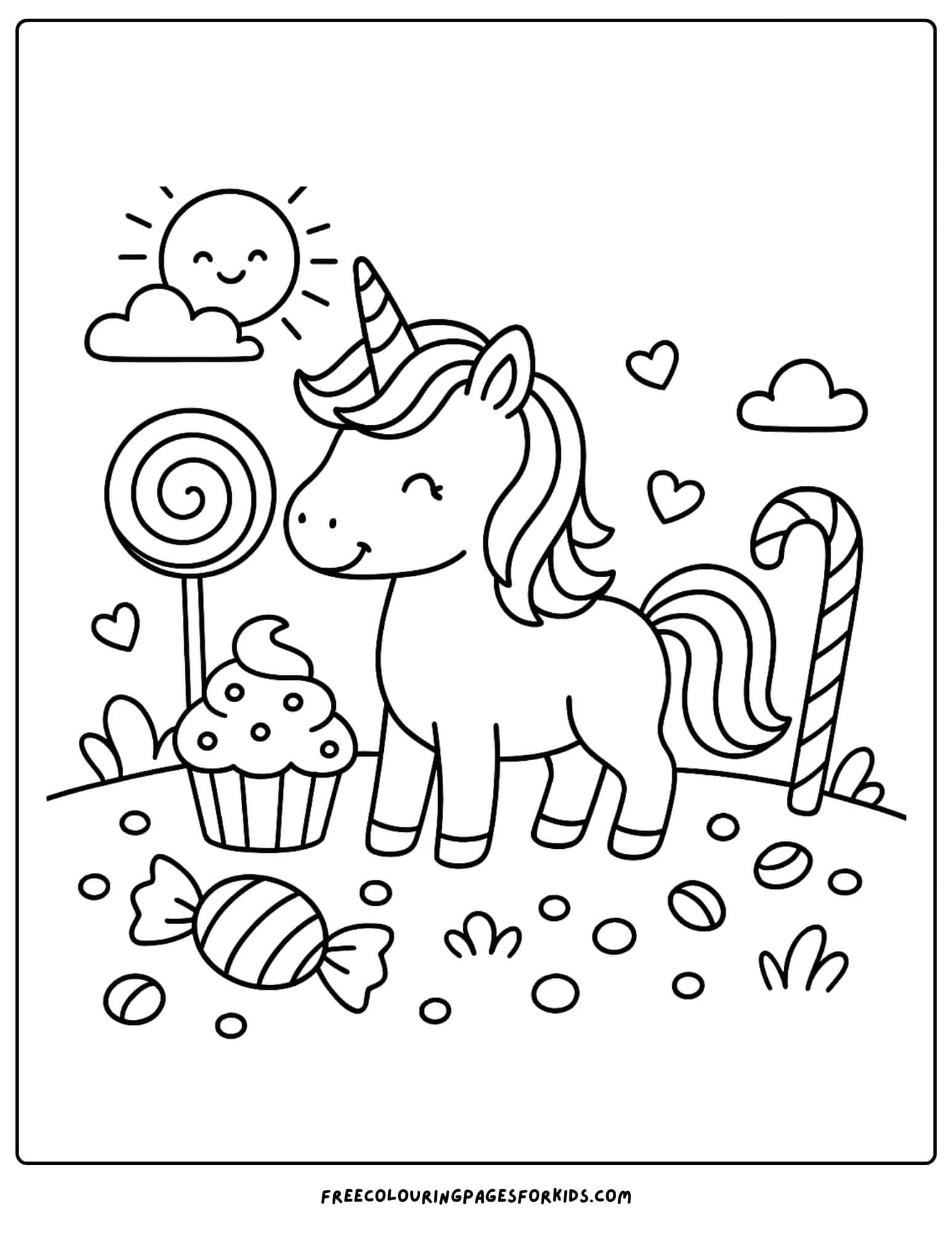 a coloring page of a unicorn in a candy world