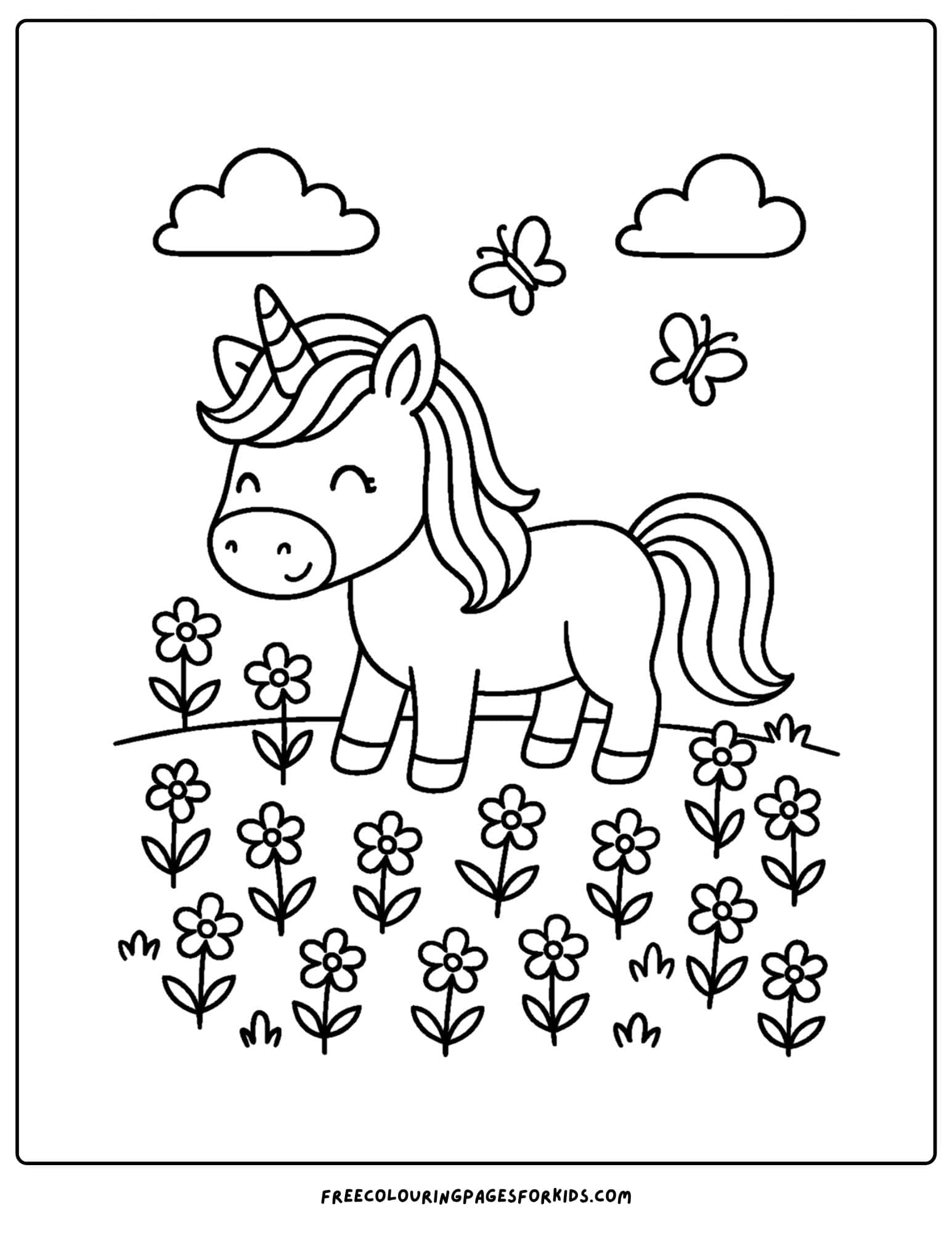 a coloring page of a unicorn in a flower field