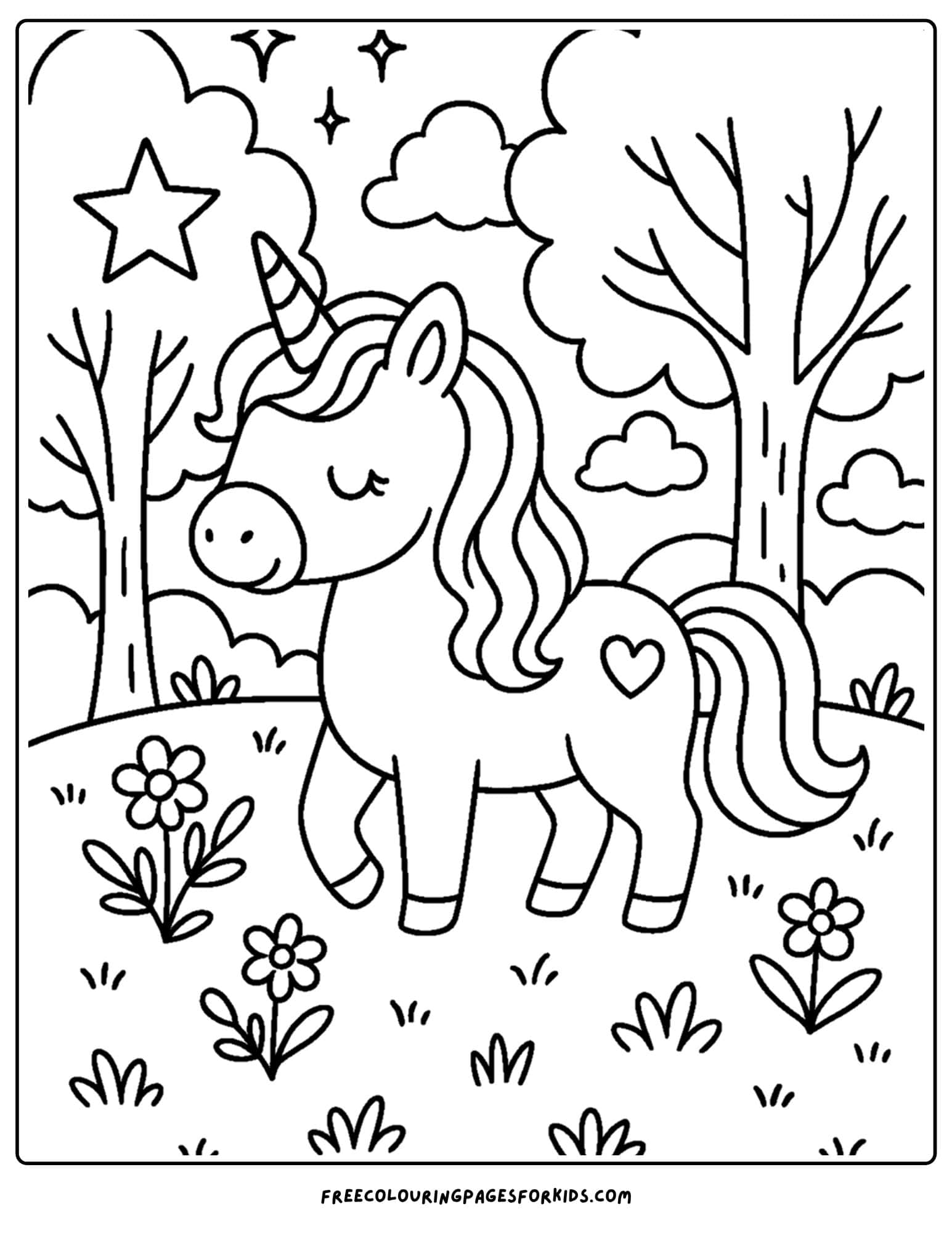 a coloring page of a unicorn in a magical forest