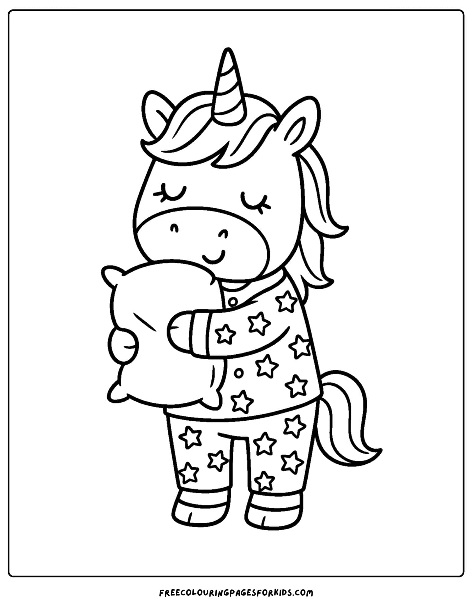 a coloring page of a unicorn in pajamas