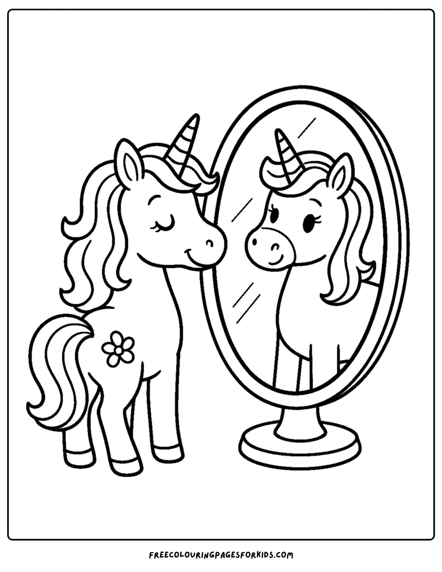 a coloring page of a unicorn looking in a mirror