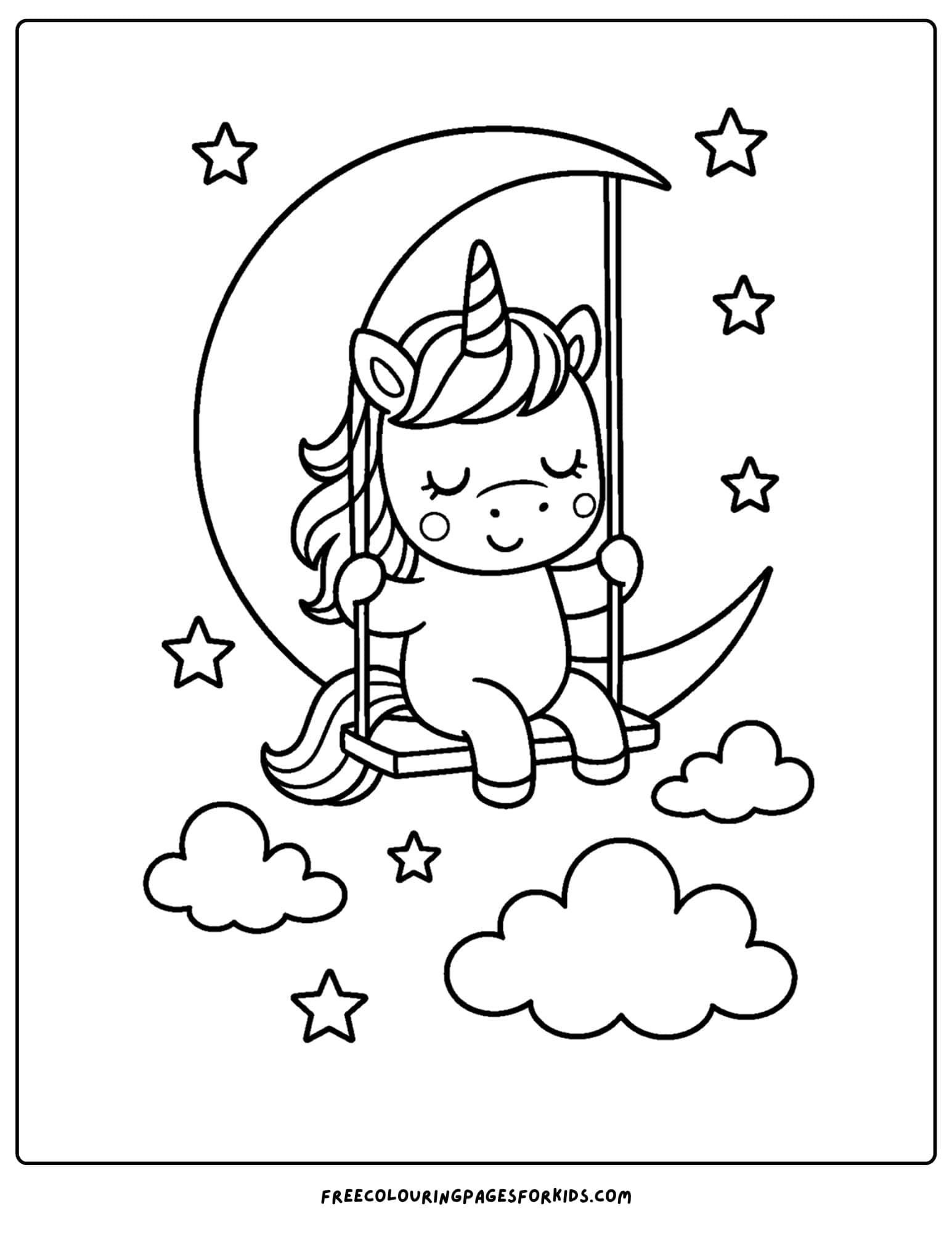 a coloring page of a unicorn on a crescent moon swing