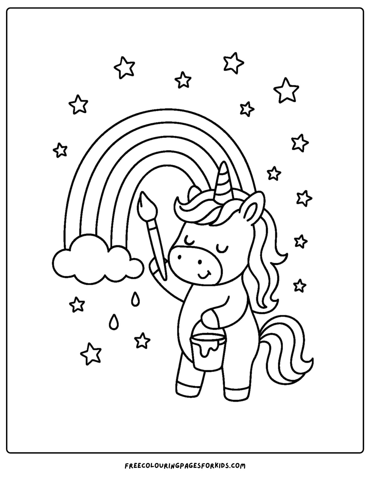 a coloring page of a unicorn painting a rainbow