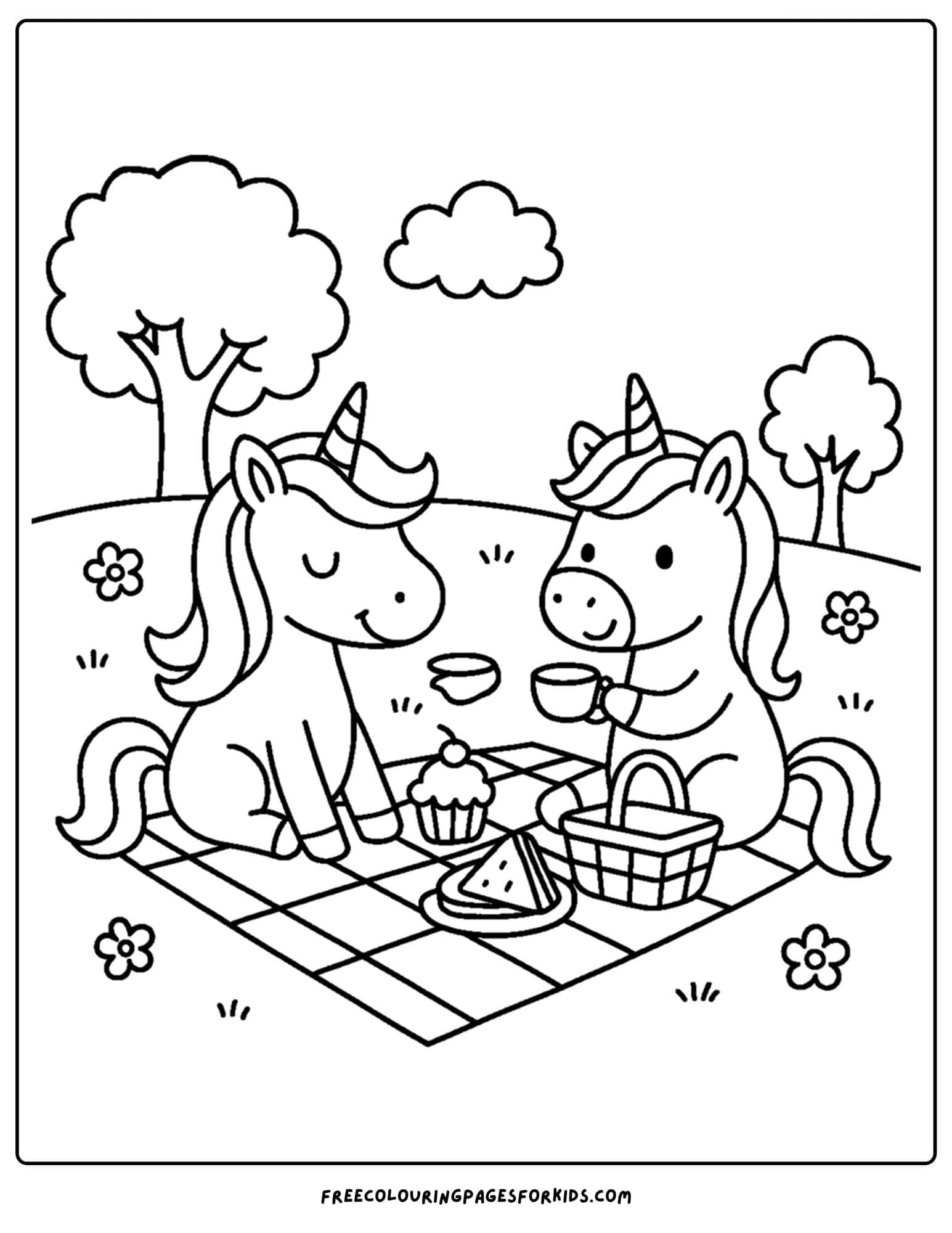 a coloring page of a unicorn picnic