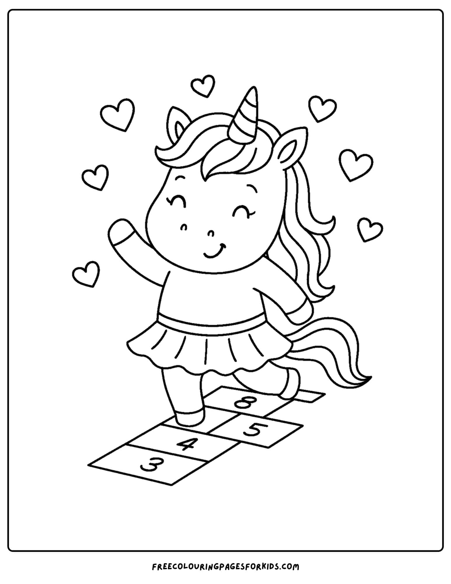 a coloring page of a unicorn playing hopscotch