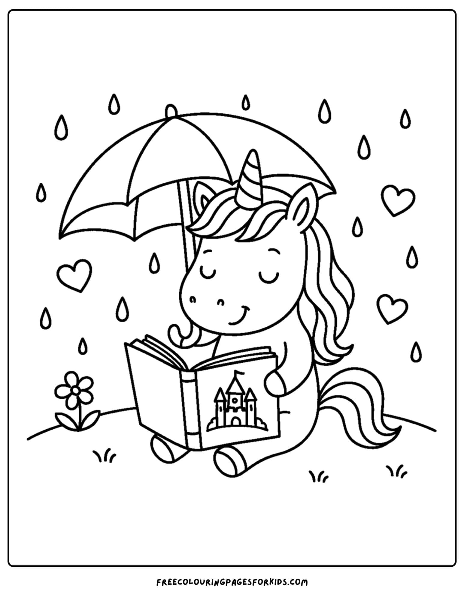 a coloring page of a unicorn reading a book under an umbrella in the rain