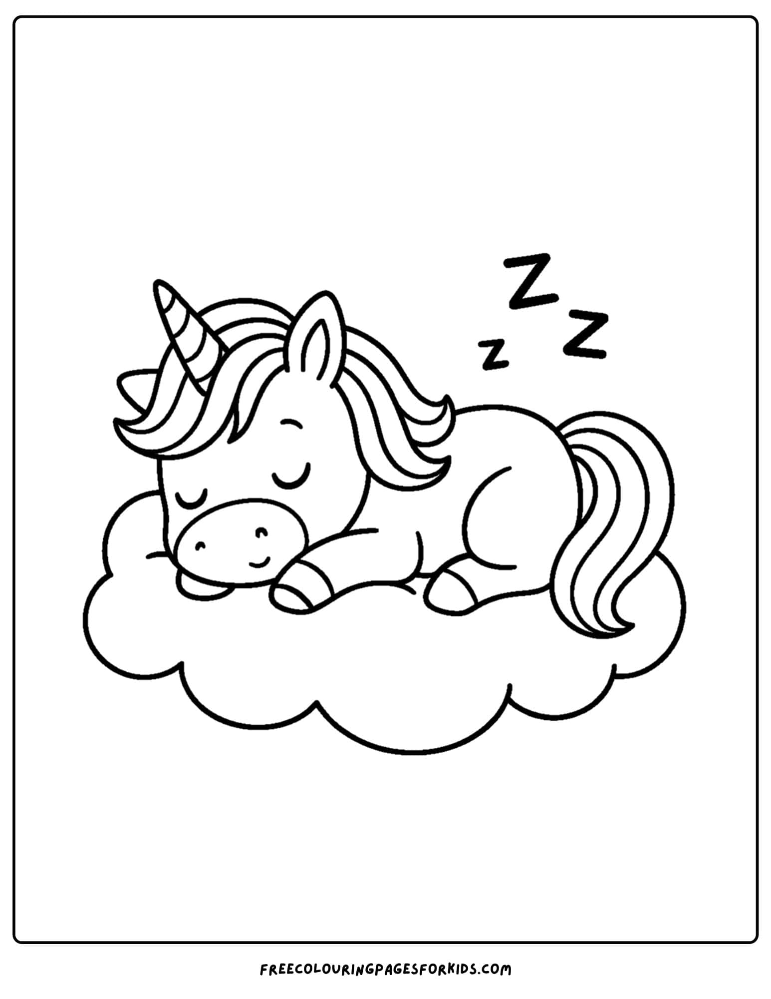 a coloring page of a unicorn sleeping on a cloud