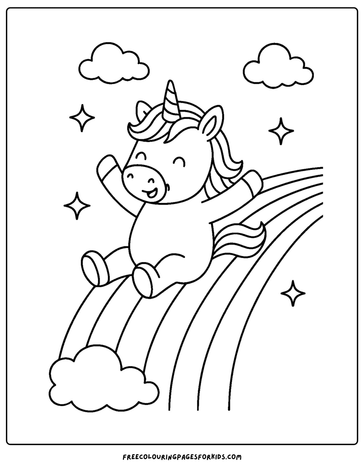 a coloring page of a unicorn sliding down a rainbow