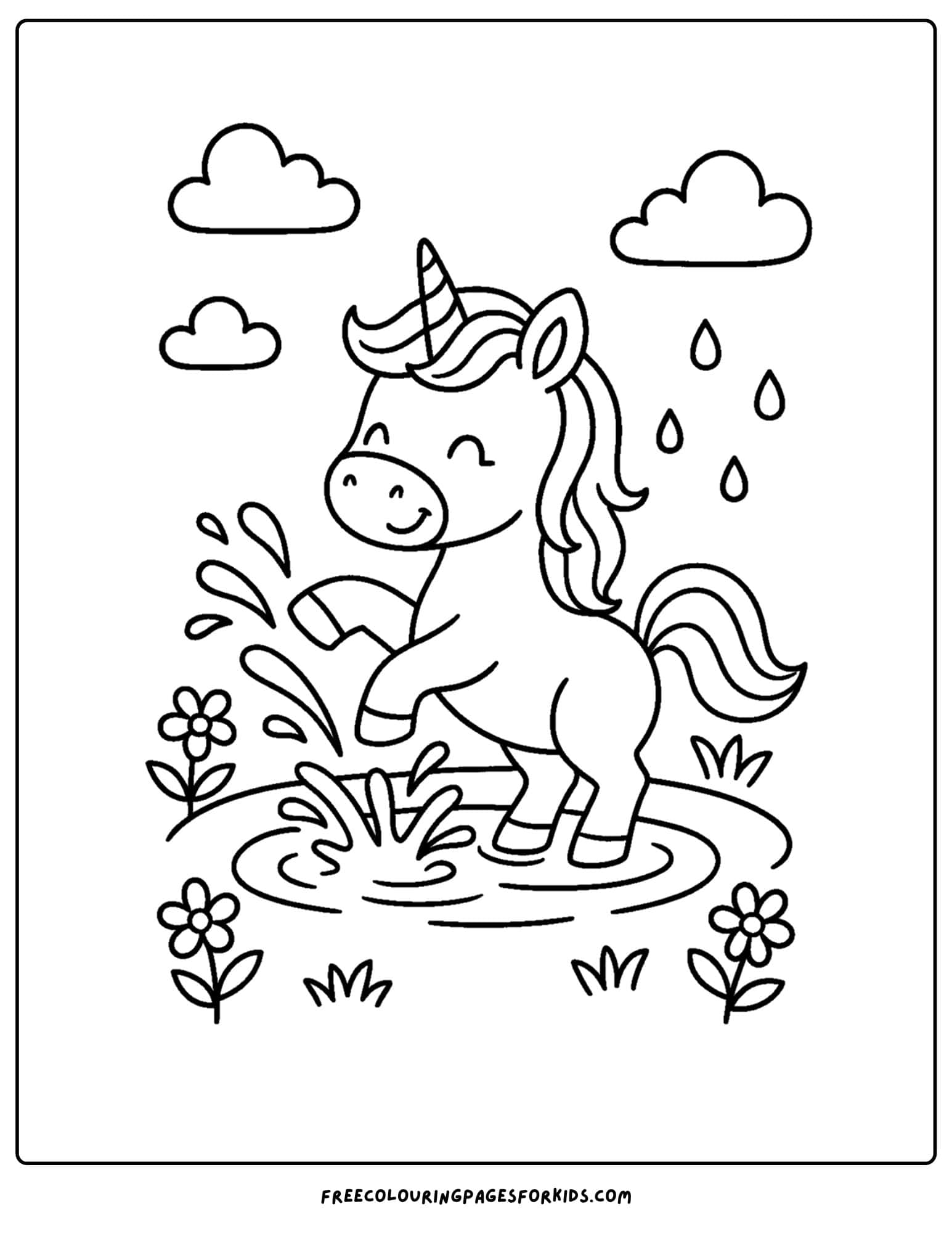 a coloring page of a unicorn splashing in a puddle