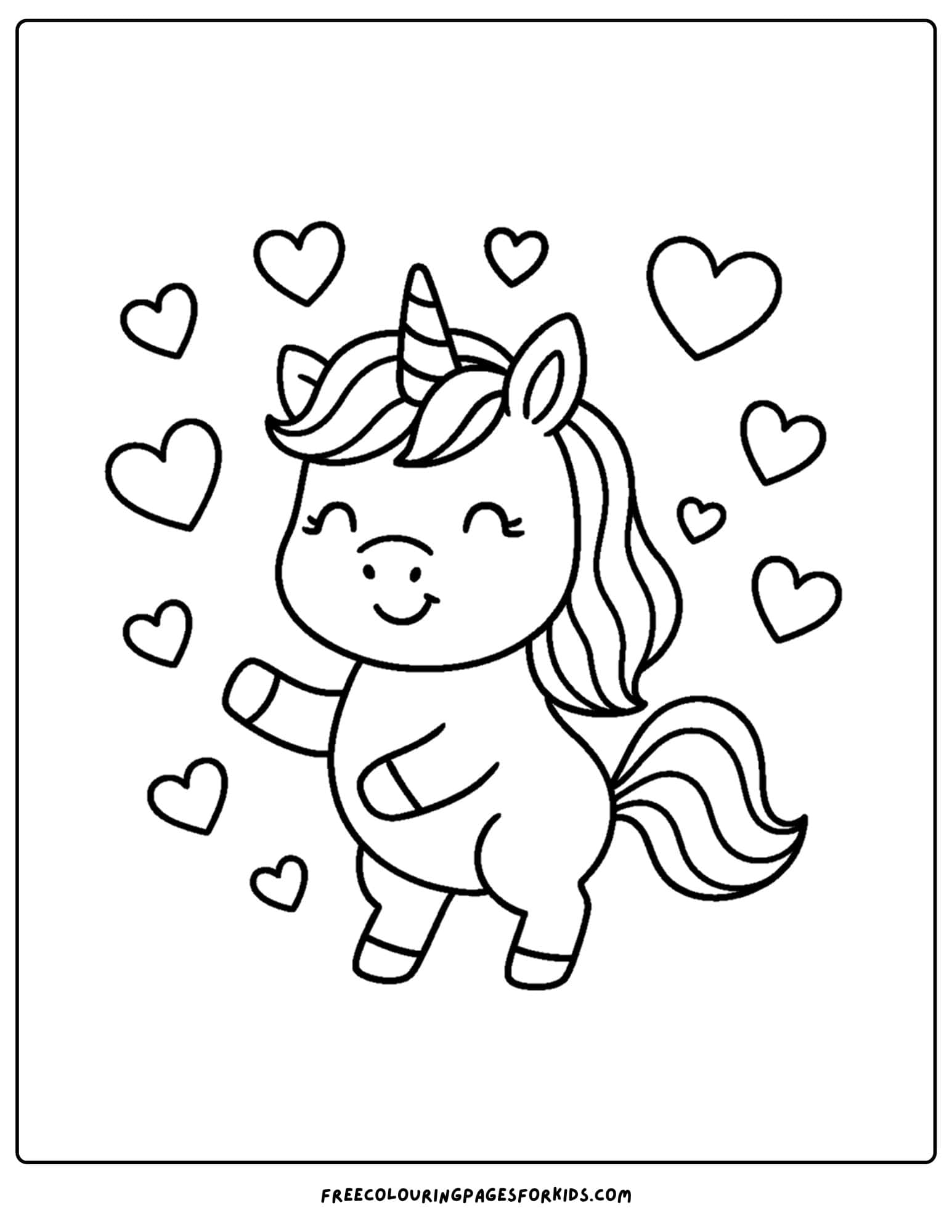 a coloring page of a unicorn with hearts all around
