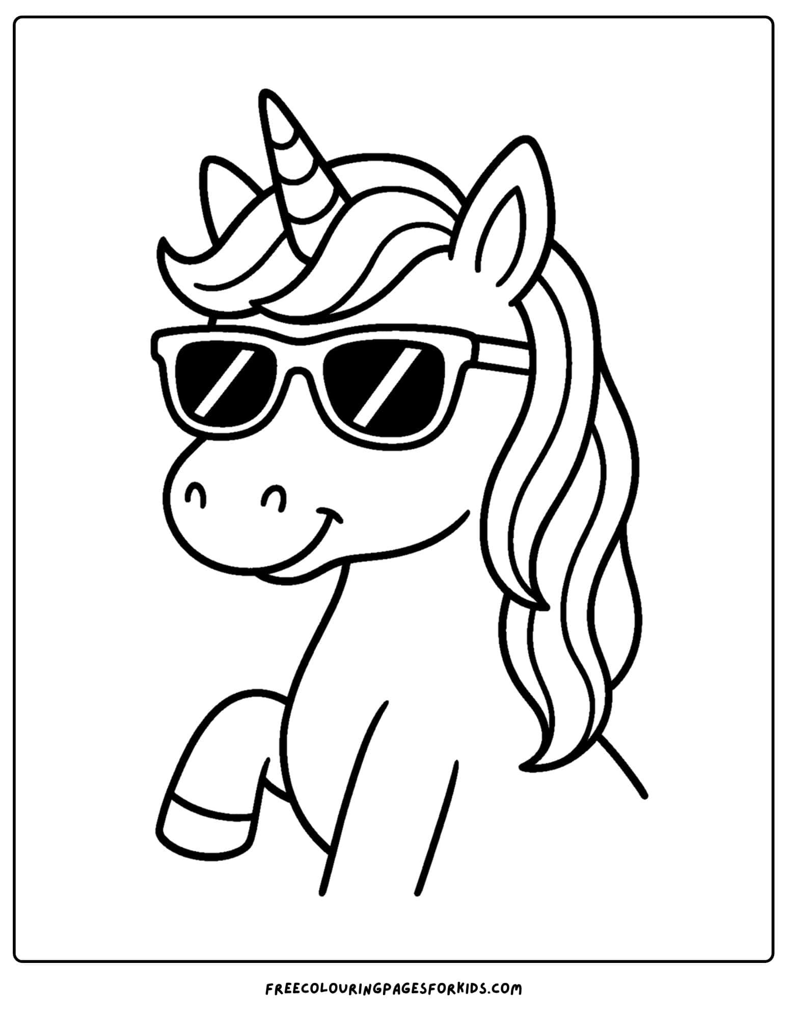a coloring page of a unicorn wearing sunglasses