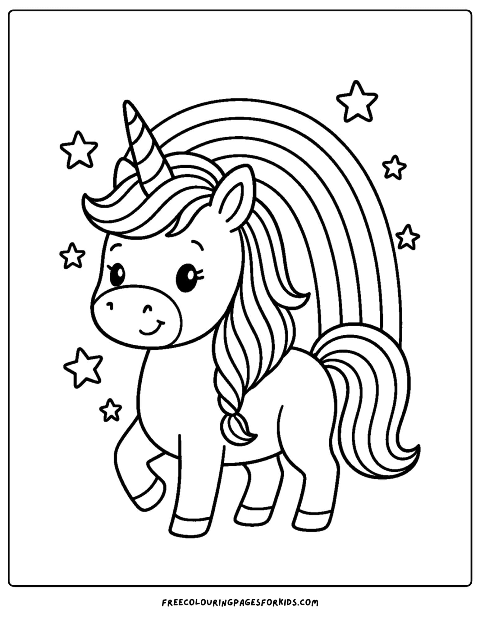 a coloring page of a unicorn with a rainbow behind it