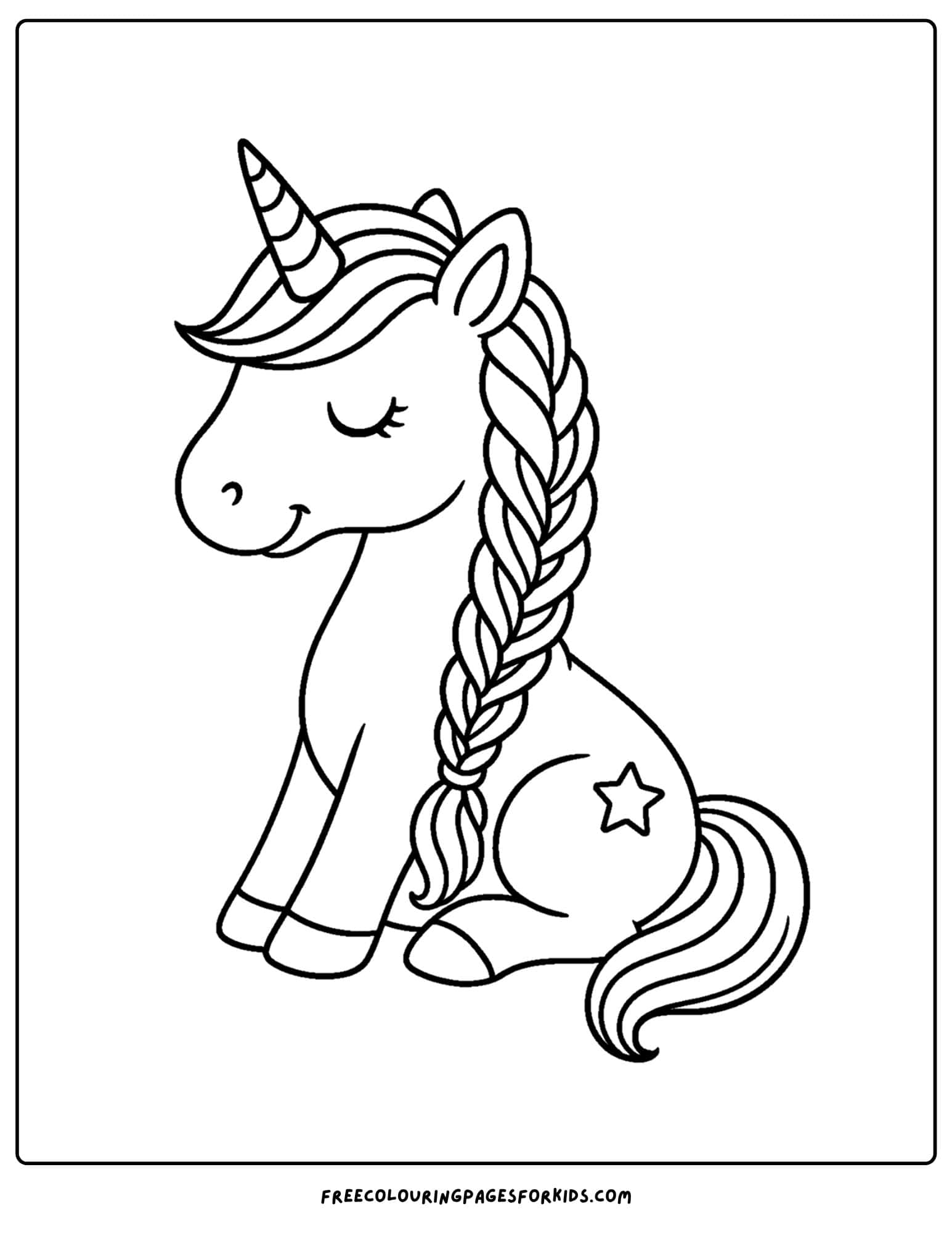 a coloring page of a unicorn with braided hair