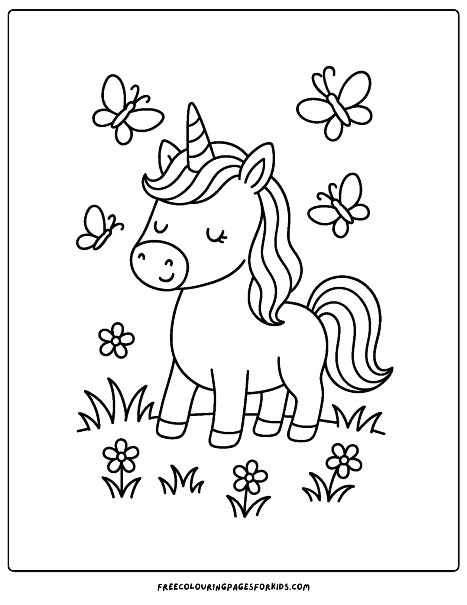 a coloring page of a unicorn with butterflies flying around