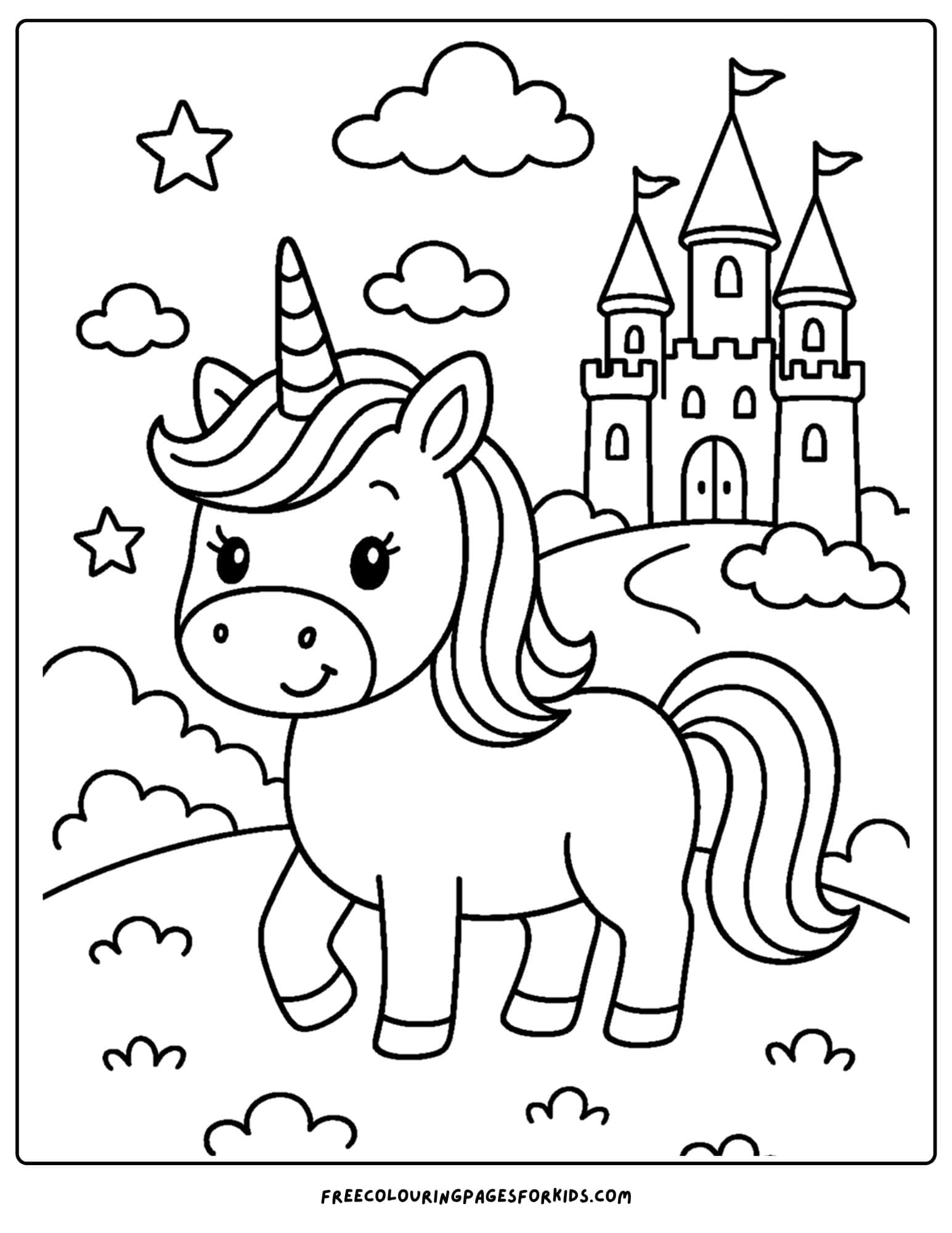 a coloring page of a unicorn standing in front of a castle